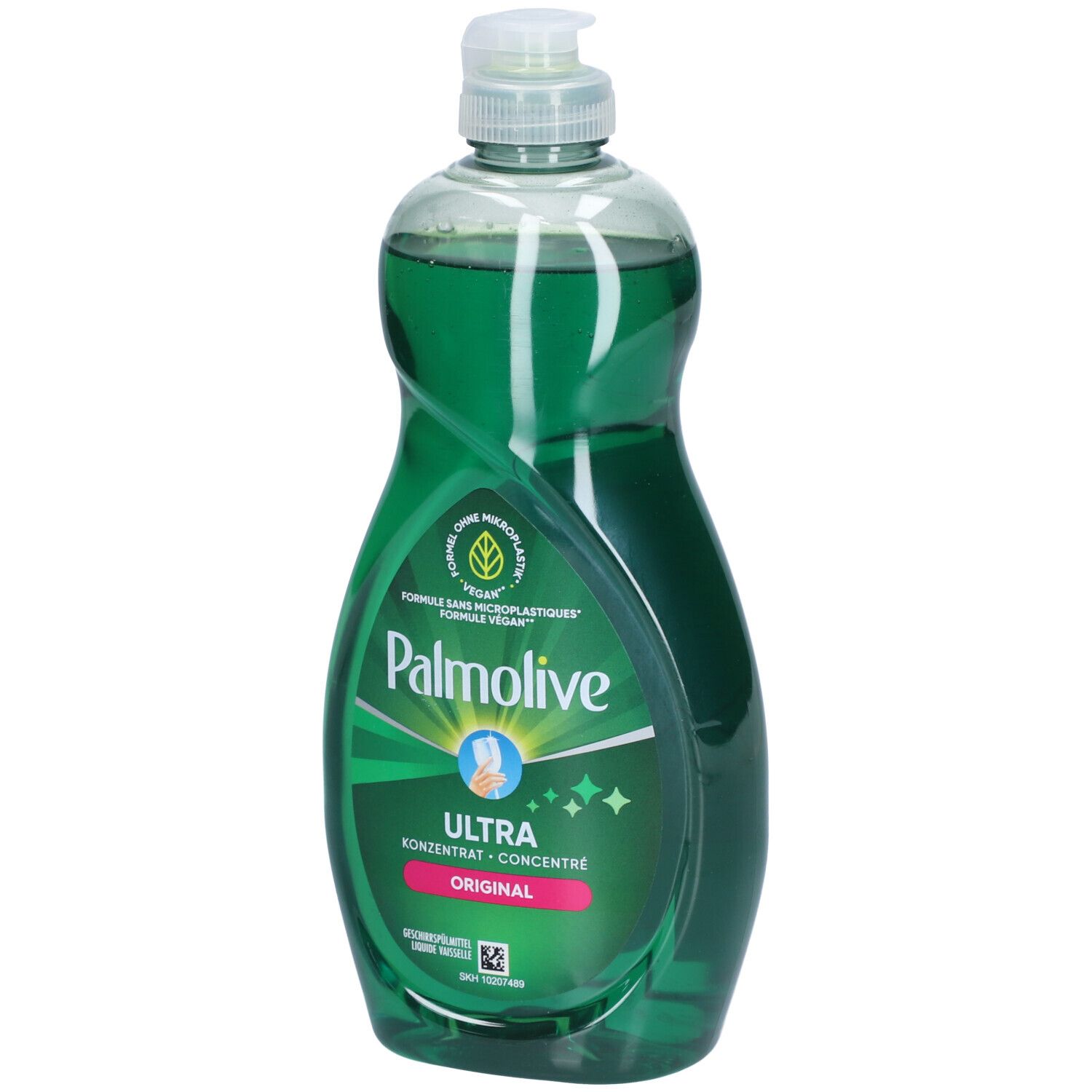 Grüne Palmolive Ultra Original Flasche. Aufschrift: Ultra Konzentrat. Vegan. Formel ohne Mikroplastik. Mit Dosierkopf.
