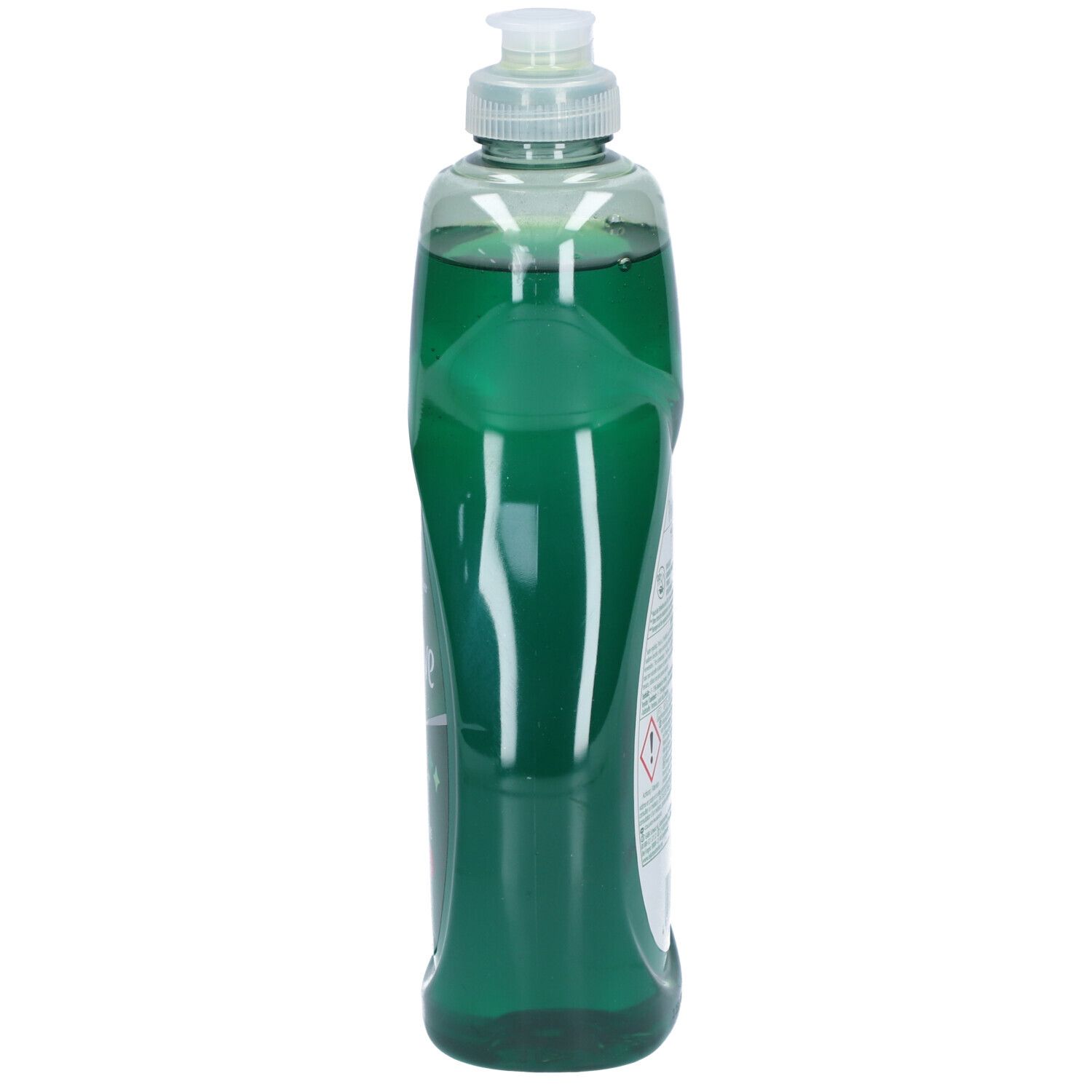 Grüne Flasche mit Spülmittel. Rückansicht. Enthält Text und Symbole. Mit Dosierkopf.