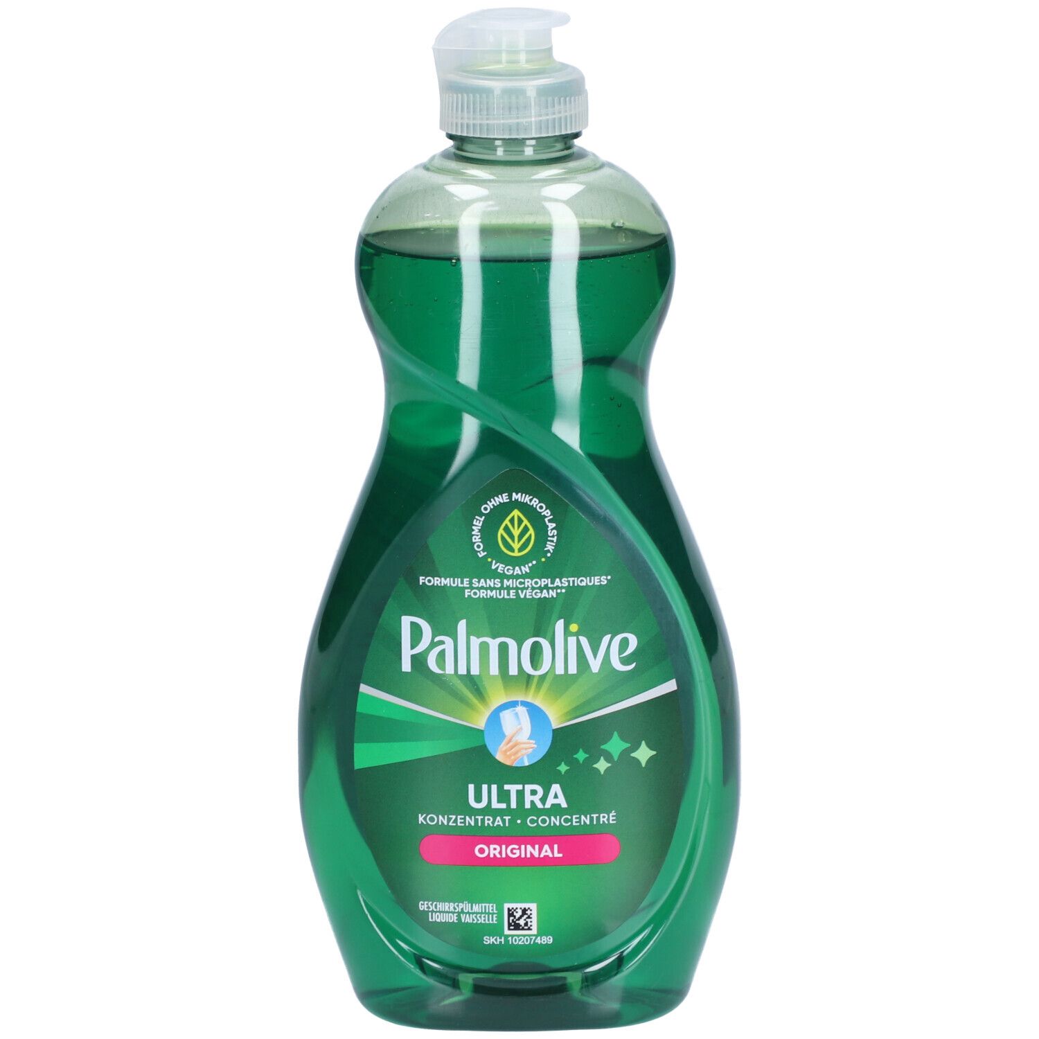 Grüne Flasche mit Spülmittel. Aufschrift: Palmolive Ultra Original. Konzentrat. Sanft zu den Händen. Mit Dosierkopf.