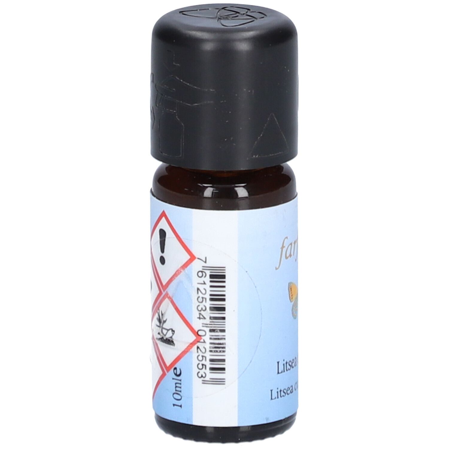 Braune Glasflasche mit schwarzem Deckel. Etikett mit Gefahrensymbolen und Text. Aufschrift "10ml".