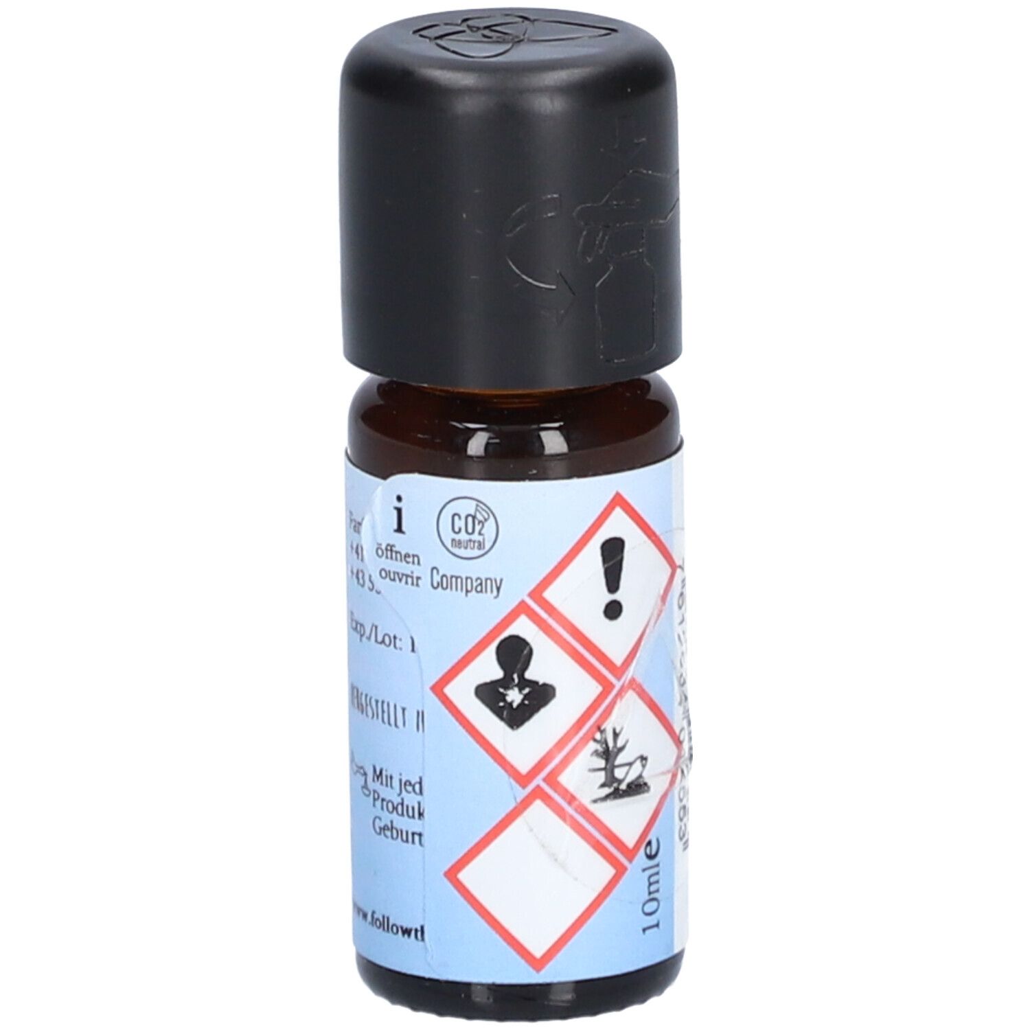 Braune Glasflasche mit schwarzem Deckel. Etikett mit Gefahrensymbolen, Text und "10ml" Aufschrift.