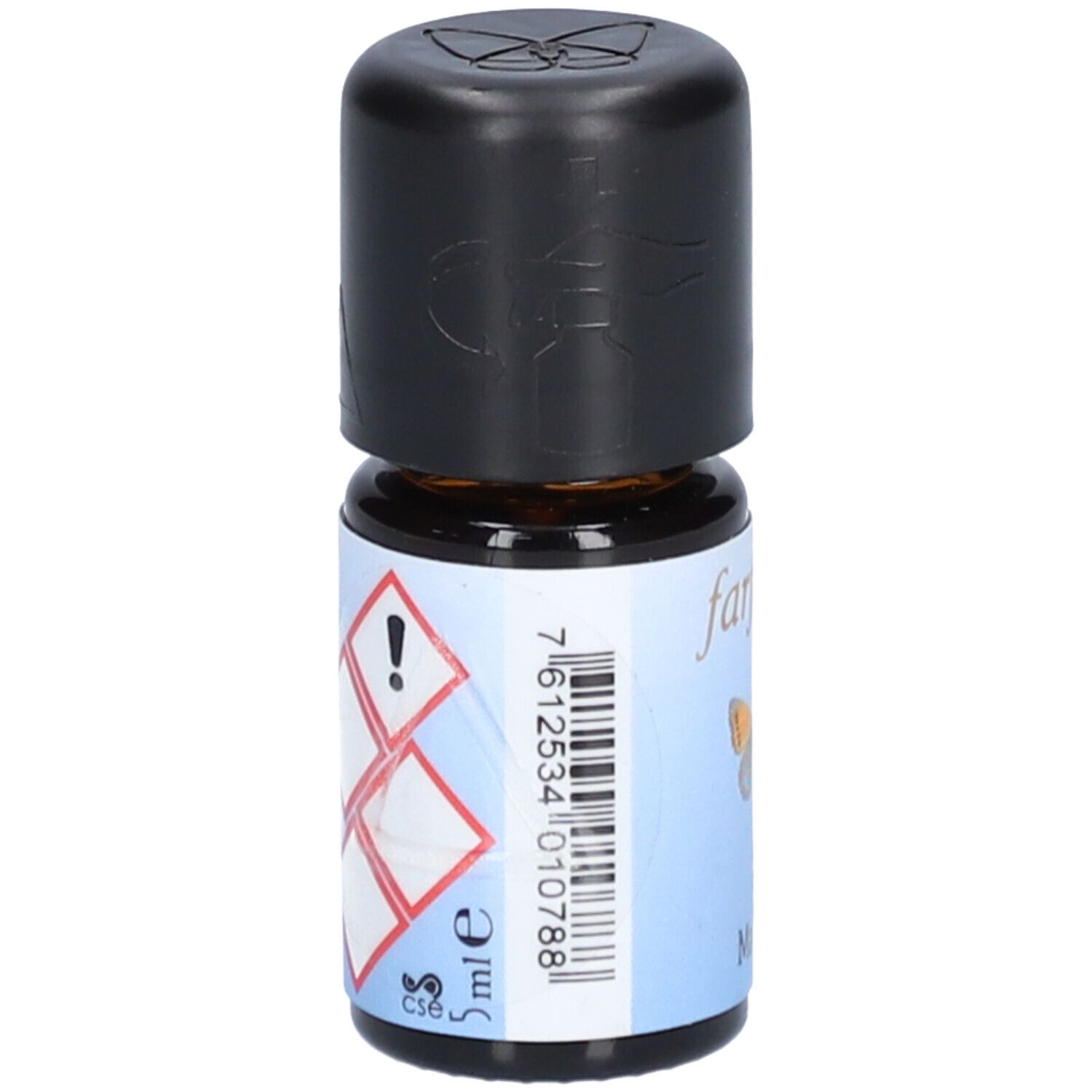 Braune Glasflasche mit schwarzem Deckel. Etikett mit Gefahrensymbolen und Barcode.