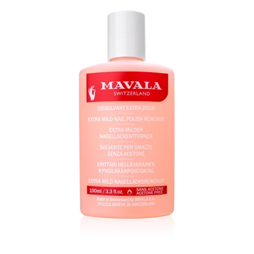 Rosa Flasche mit weißem Deckel. Beschriftung: MAVALA, Nagellackentferner ohne Aceton. 100ml/3.3 fl.oz.