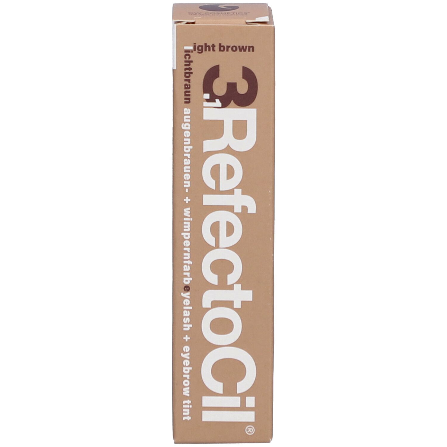 Verpackung Refectocil 3.1, hellbraun. Augenbrauen- und Wimpernfarbe. Beige Verpackung mit Text.