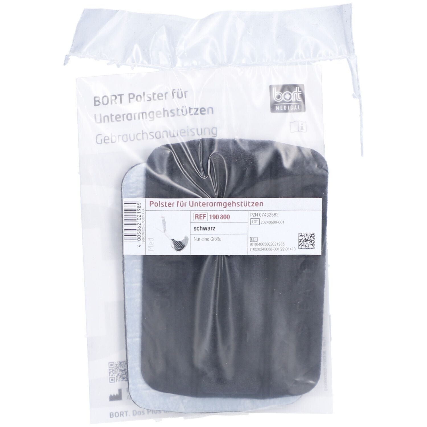 Emballage avec coussinets pour béquilles. Rembourrage noir, étiquette avec informations sur le produit. Marque BORT MEDICAL.