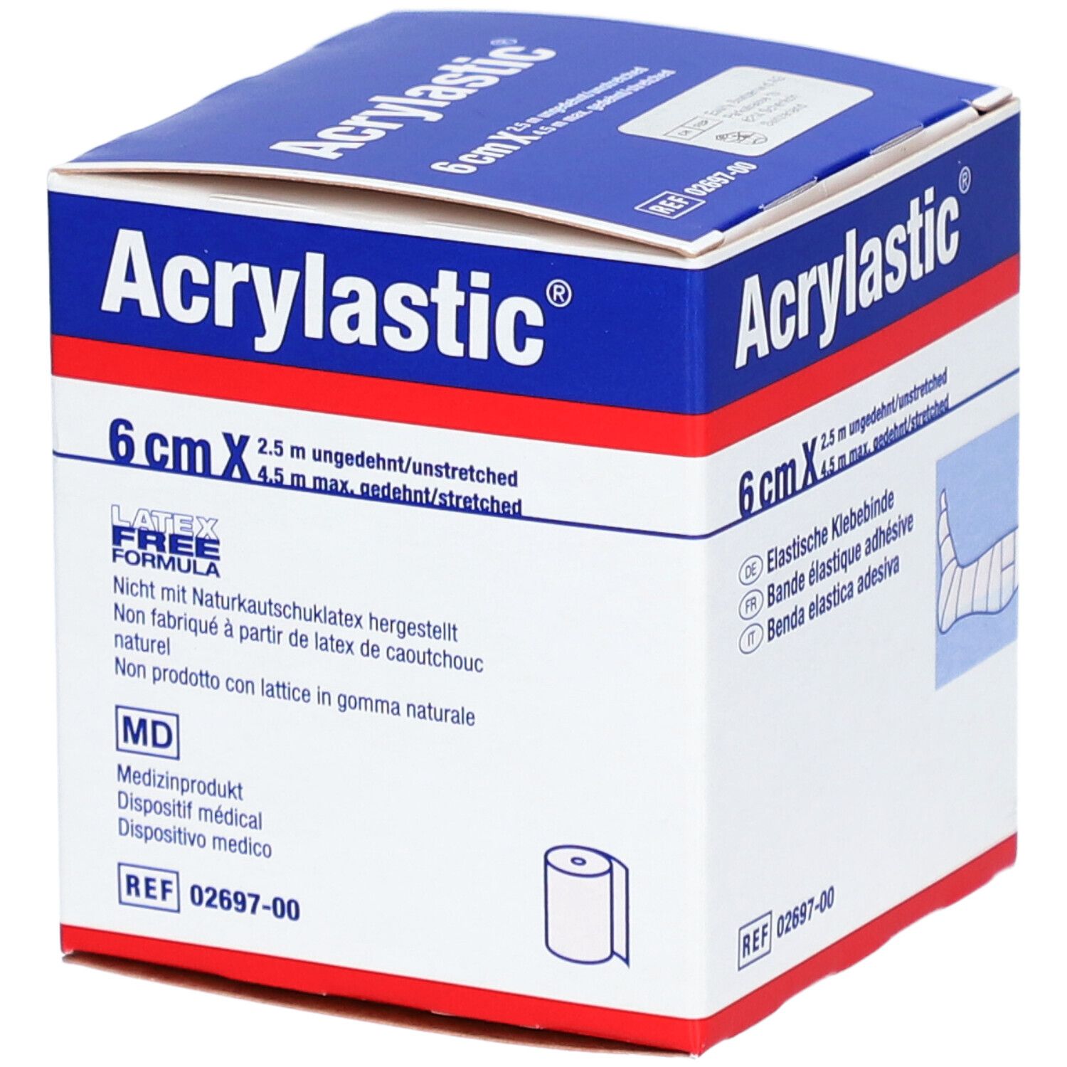Verpackung von Acrylastic® 6 cm x 2,5 m elastische Klebebinde. Latex-frei. Medizinprodukt.