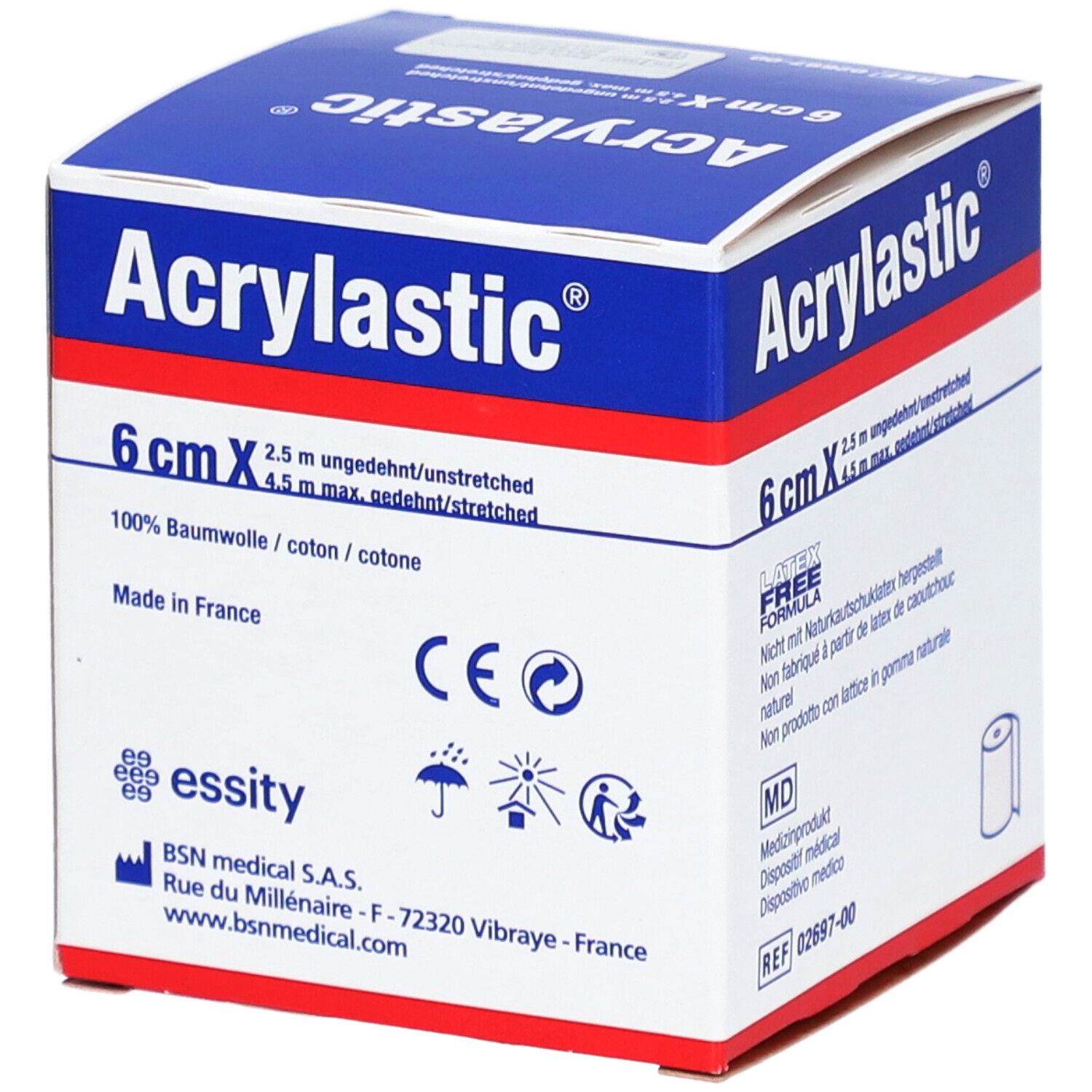 Verpackung von Acrylastic® 6 cm x 2,5 m elastische Klebebinde. 100% Baumwolle. CE-Kennzeichnung. Essity.