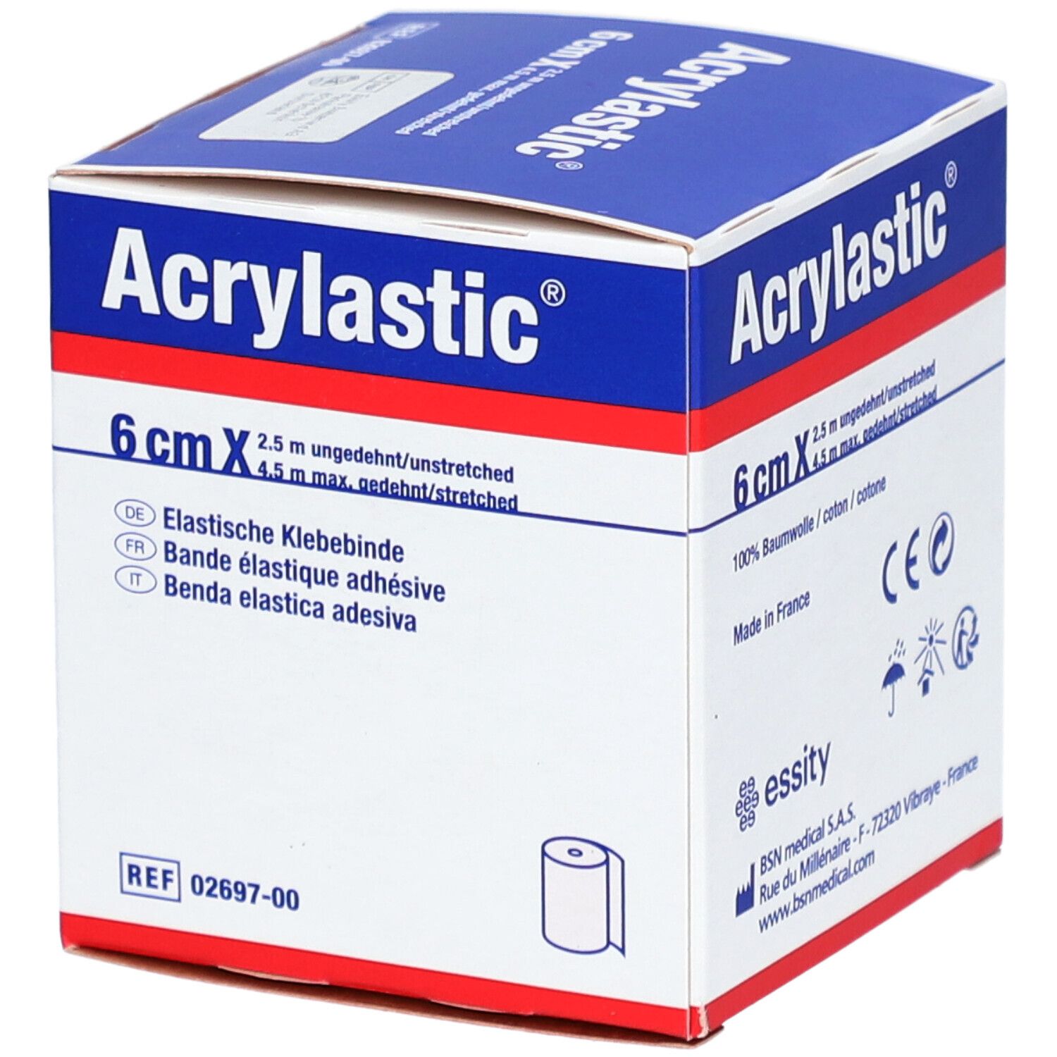 Verpackung von Acrylastic® 6 cm x 2,5 m elastische Klebebinde. CE-Kennzeichnung. Essity.