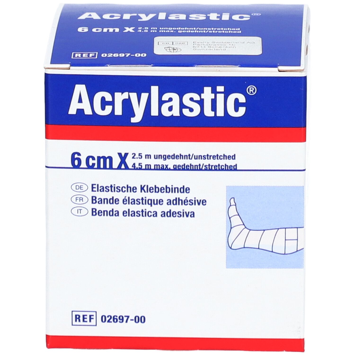 Verpackung von Acrylastic® 6 cm x 2,5 m elastische Klebebinde. Illustration eines Fußes mit Verband.
