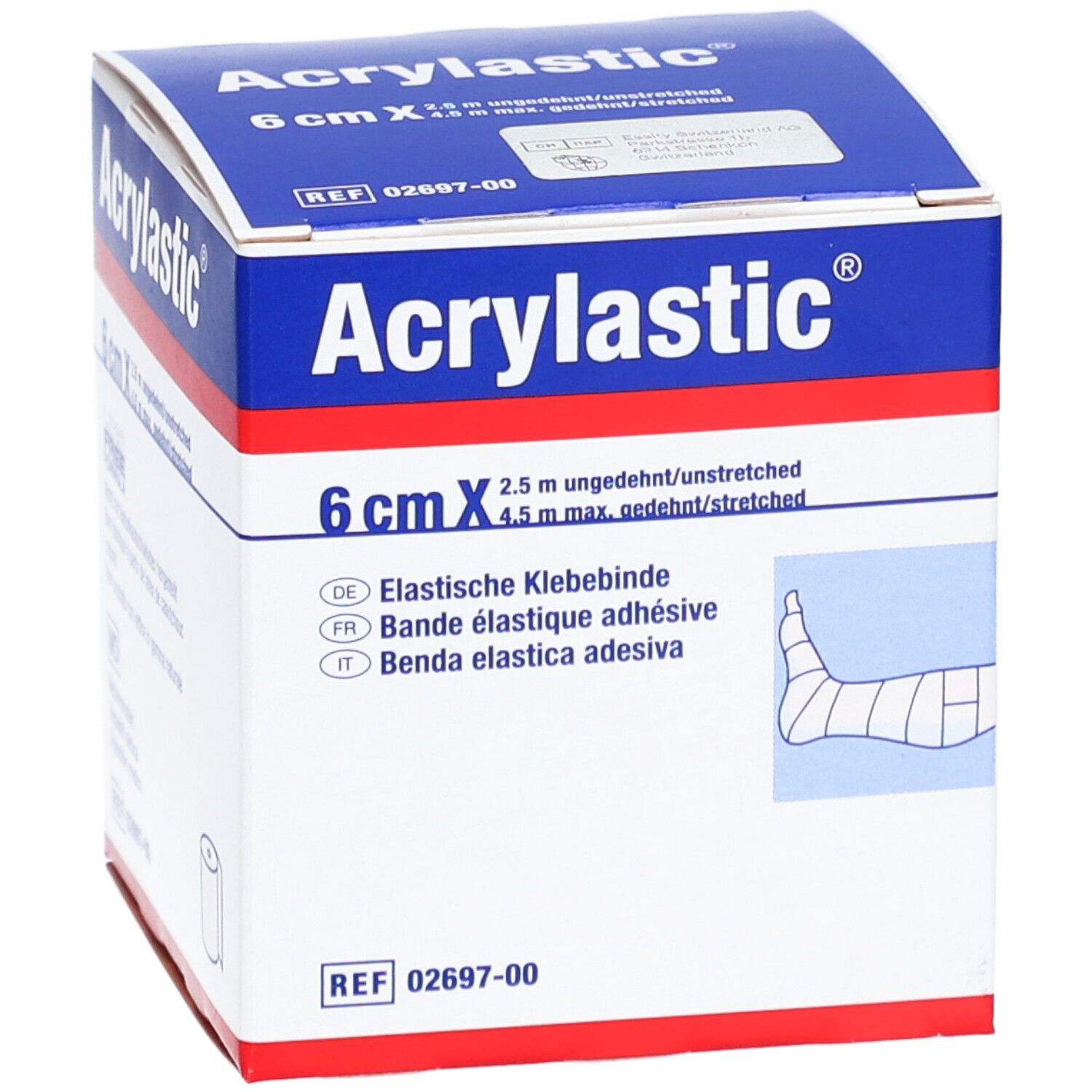 Verpackung von Acrylastic® 6 cm x 2,5 m elastische Klebebinde. Illustration eines Fußes mit Verband.