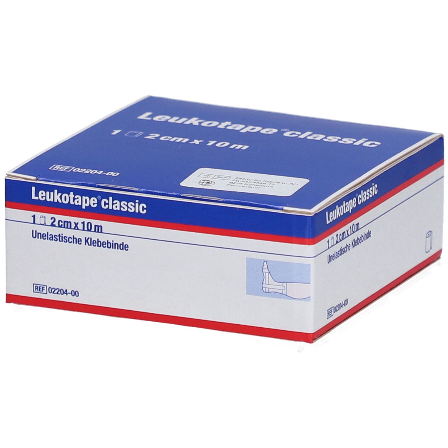 Verpackung von Leukotape classic. Blaue Schachtel mit weißer Schrift. Enthält 1 Rolle, 2 cm x 10 m.