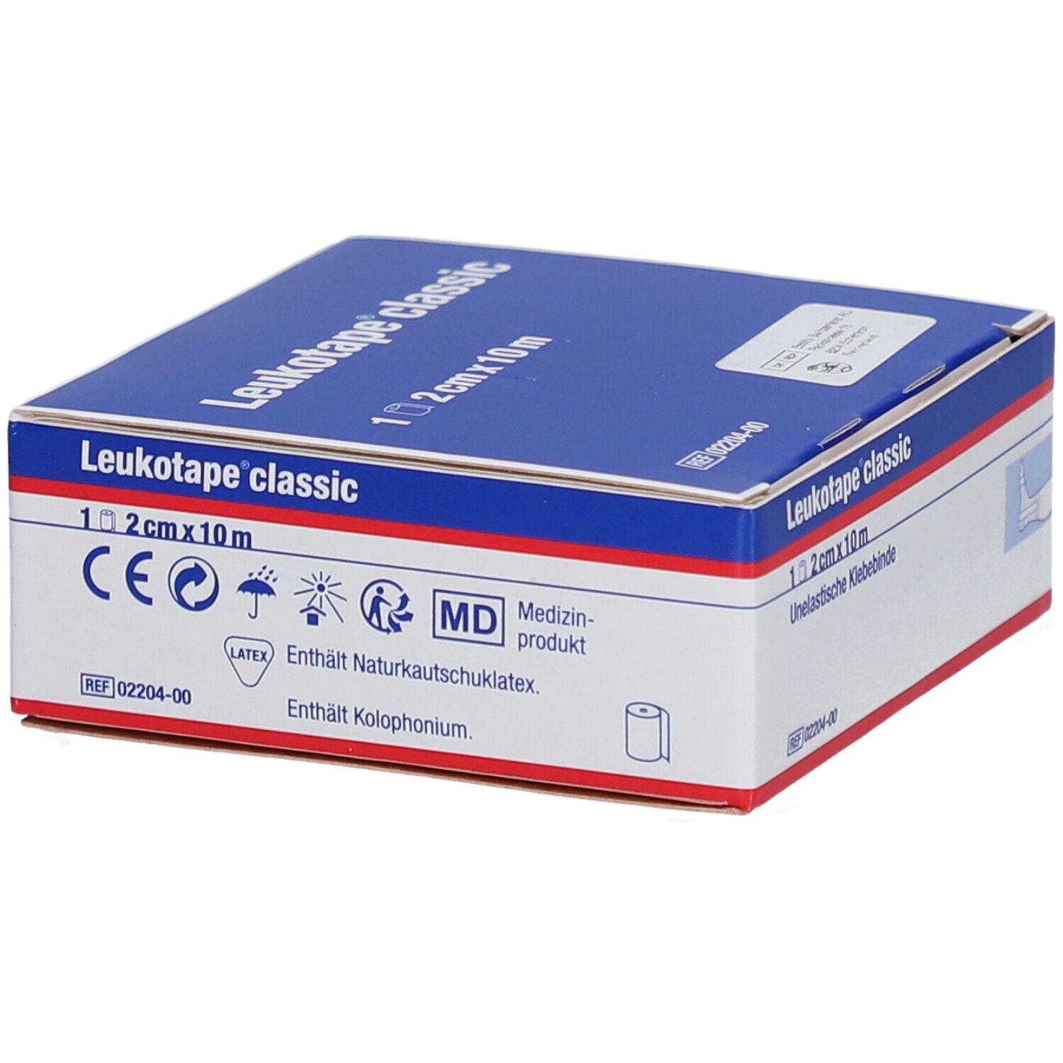 Verpackung von Leukotape classic. Blaue Schachtel mit weißer Schrift. Enthält 1 Rolle, 2 cm x 10 m. Mit Symbolen.