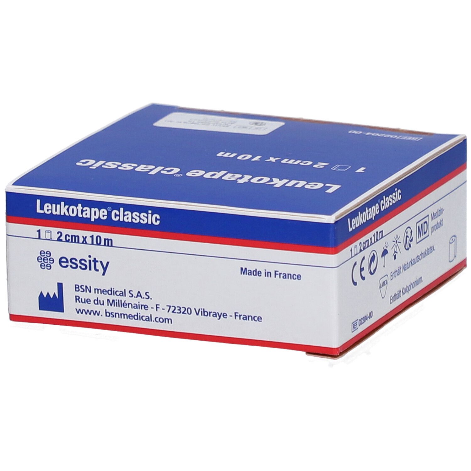 Verpackung von Leukotape classic. Blaue Schachtel mit weißer Schrift. Enthält 1 Rolle, 2 cm x 10 m. Hergestellt in Frankreich.