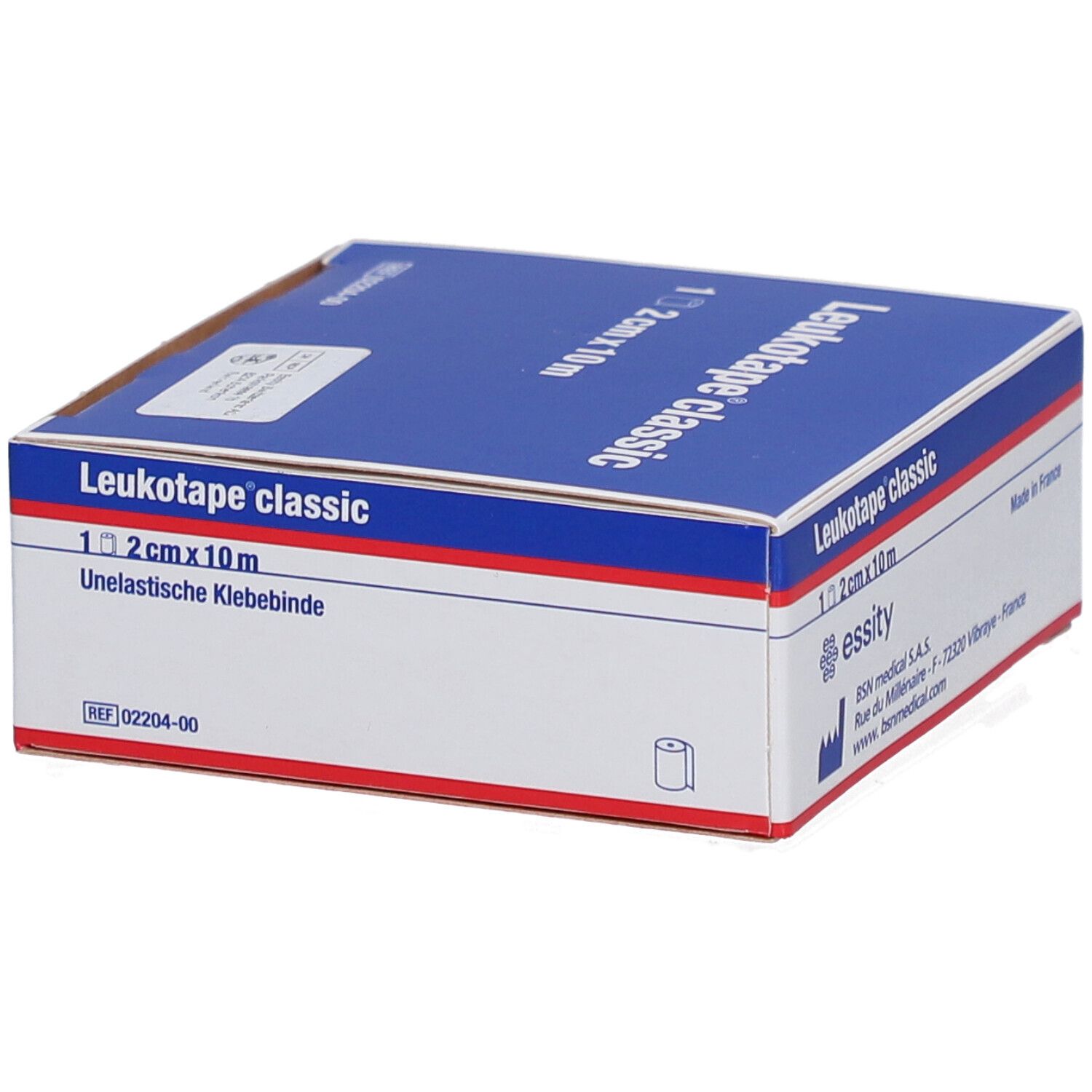 Verpackung von Leukotape classic. Blaue Schachtel mit weißer Schrift. Enthält 1 Rolle, 2 cm x 10 m. Mit Symbol.