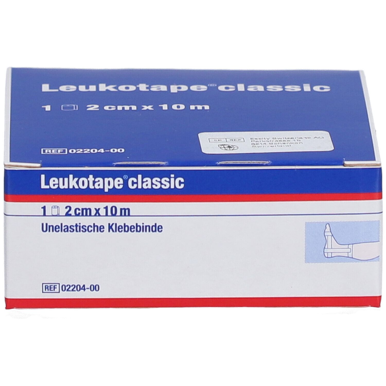 Verpackung von Leukotape classic. Blaue Schachtel mit weißer Schrift. Enthält 1 Rolle, 2 cm x 10 m. Mit Illustration.
