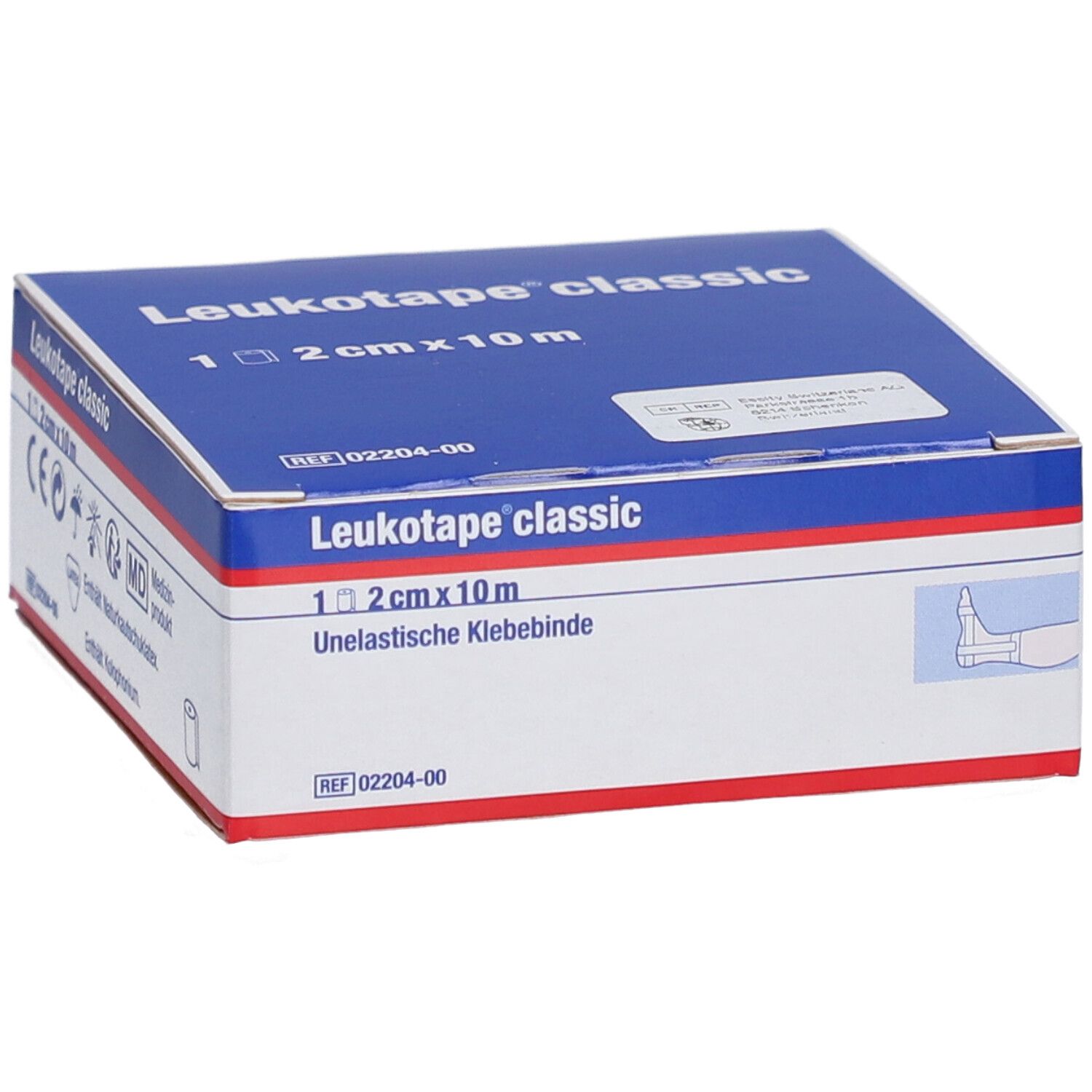 Verpackung von Leukotape classic. Blaue Schachtel mit weißer Schrift. Enthält 1 Rolle, 2 cm x 10 m. Mit Symbolen.