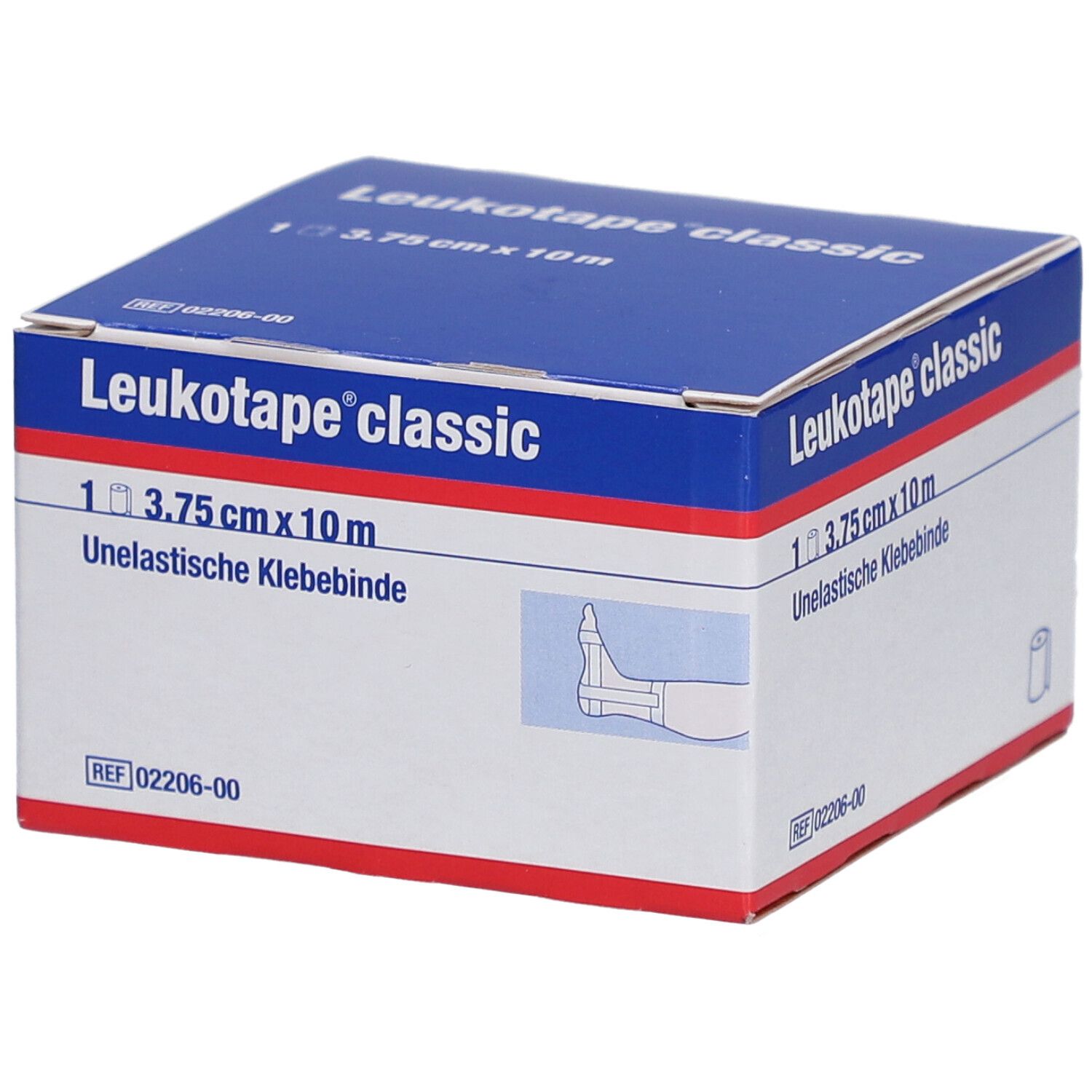 Karton Leukotape classic. 3,75 cm x 10 m. Unelastische Klebebinde. Blau-weiß-rotes Design. Illustration eines Fußes.