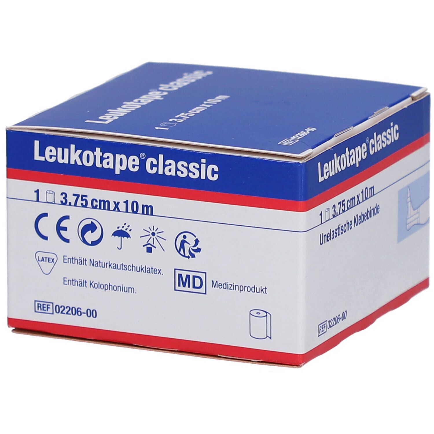 Karton Leukotape classic. 3,75 cm x 10 m. Unelastische Klebebinde. Medizinprodukt. CE-Kennzeichnung. Enthält Naturkautschuklatex.