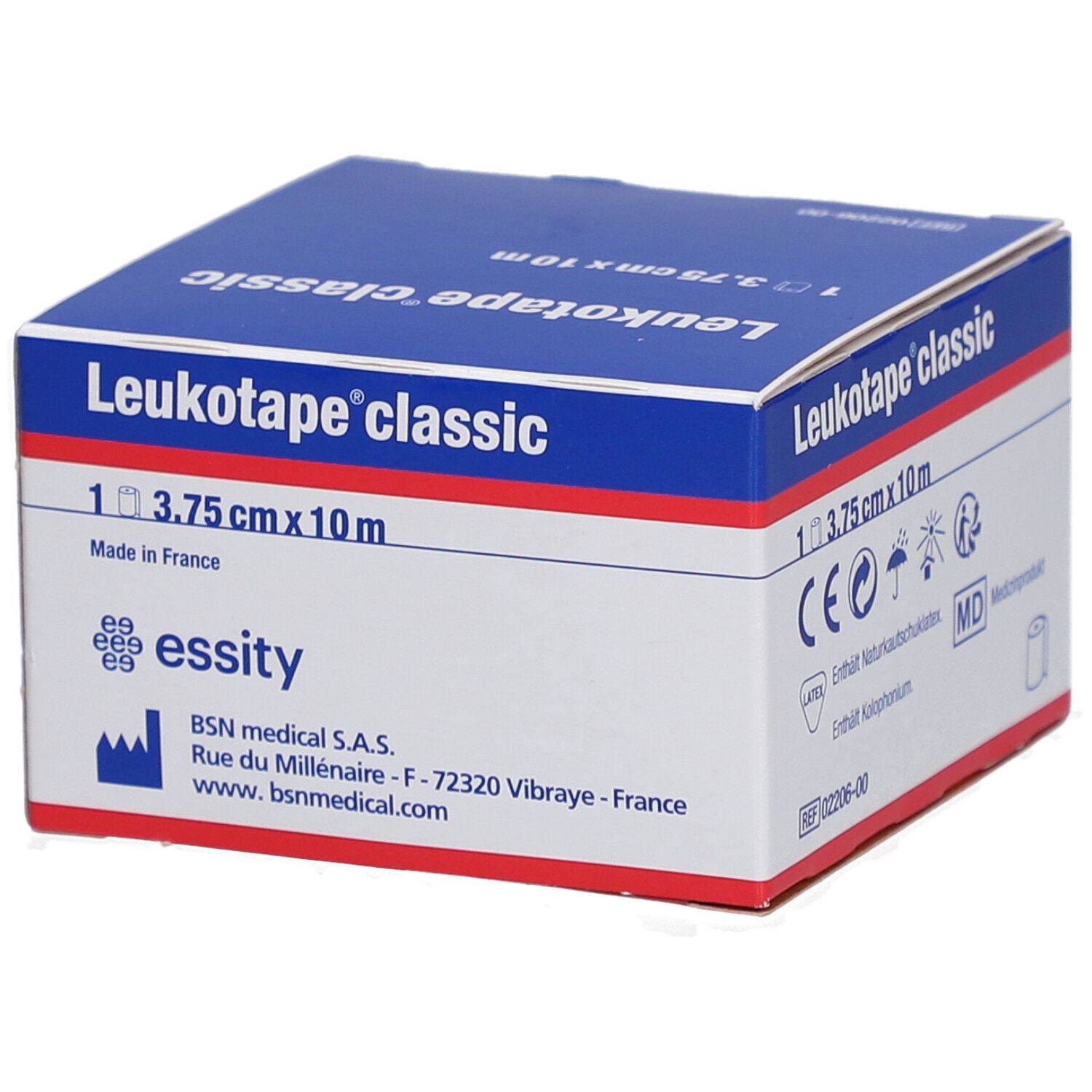 Karton Leukotape classic. 3,75 cm x 10 m. Unelastische Klebebinde. Hergestellt in Frankreich. essity Logo. BSN medical.