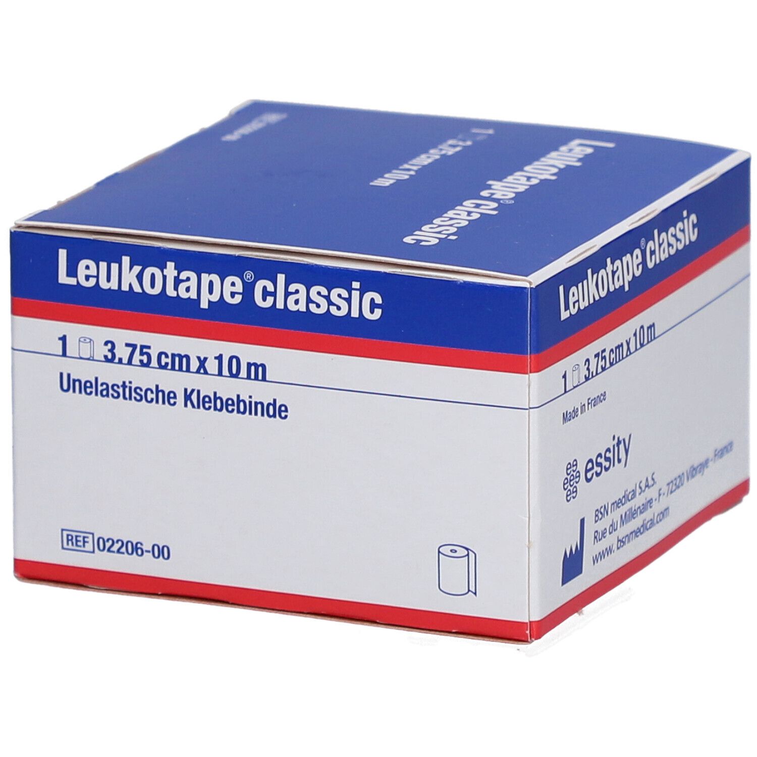 Karton Leukotape classic. 3,75 cm x 10 m. Unelastische Klebebinde. Blau-weiß-rotes Design. Illustration einer Rolle.