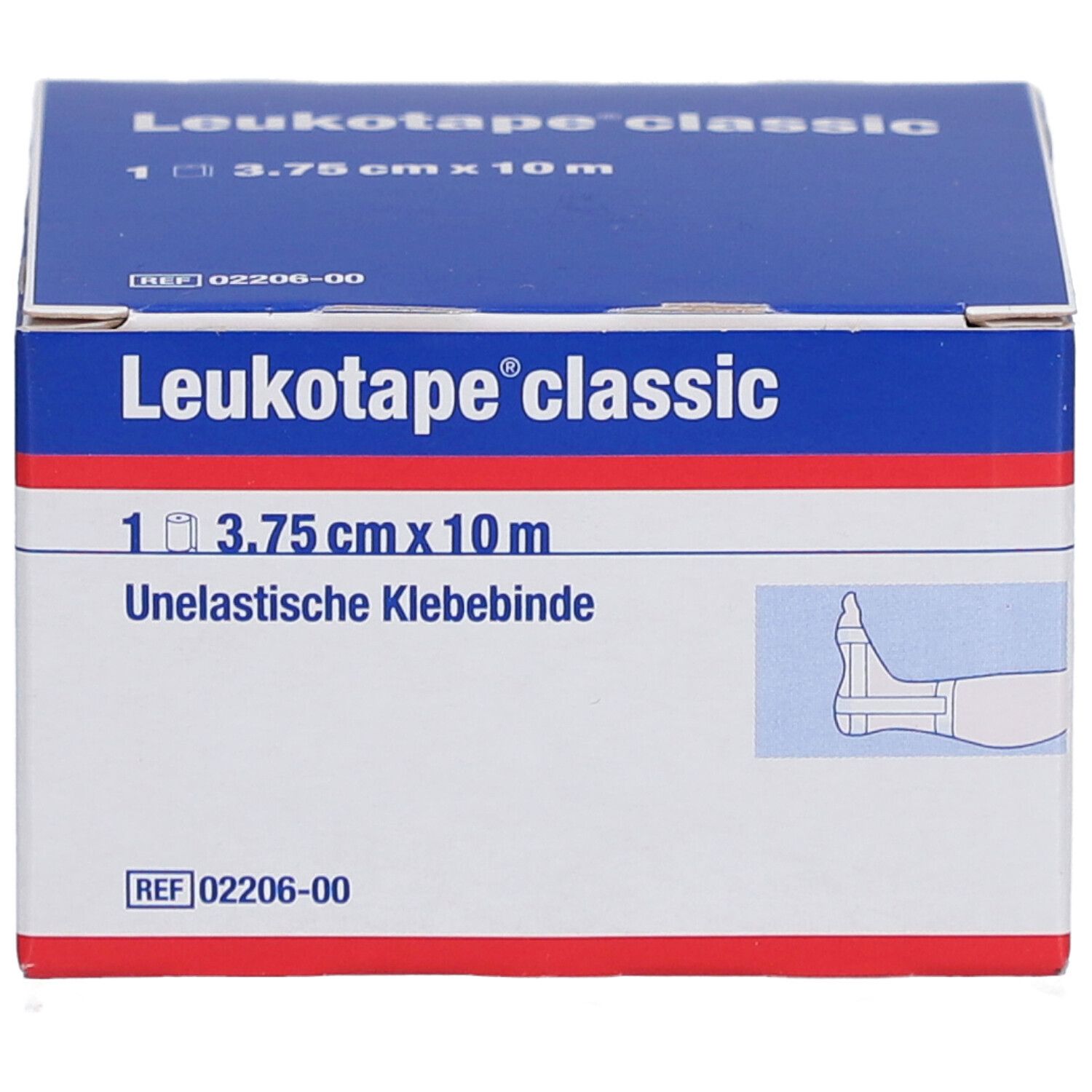 Karton Leukotape classic. 3,75 cm x 10 m. Unelastische Klebebinde. Blau-weiß-rotes Design. Illustration eines Fußes.