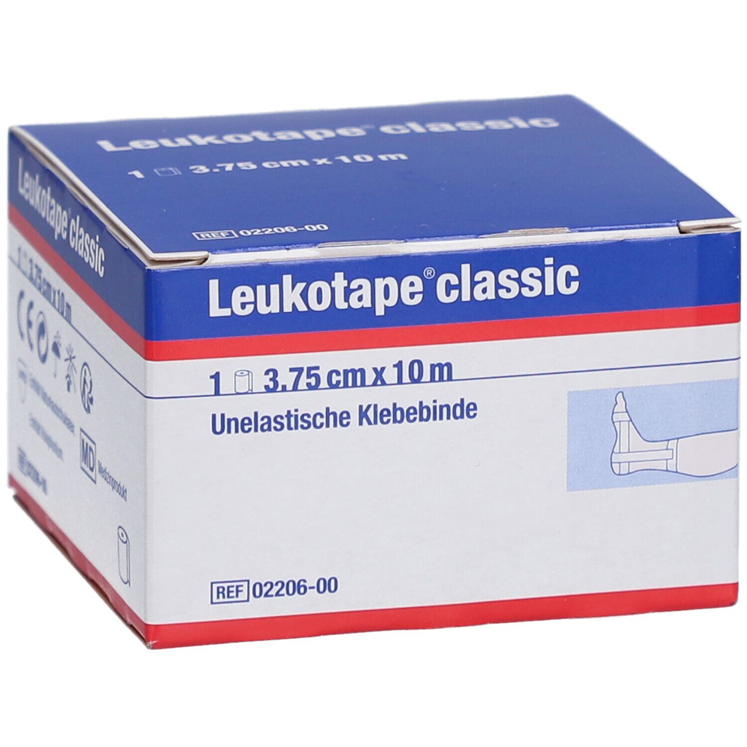 Karton Leukotape classic. 3,75 cm x 10 m. Unelastische Klebebinde. Medizinprodukt. CE-Kennzeichnung. Illustration eines Fußes.