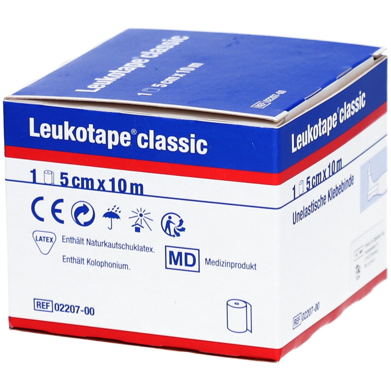 Karton Leukotape classic. Aufschrift: 5 cm x 10 m, Unelastische Klebebinde. CE-Kennzeichnung, Latex-Hinweis.