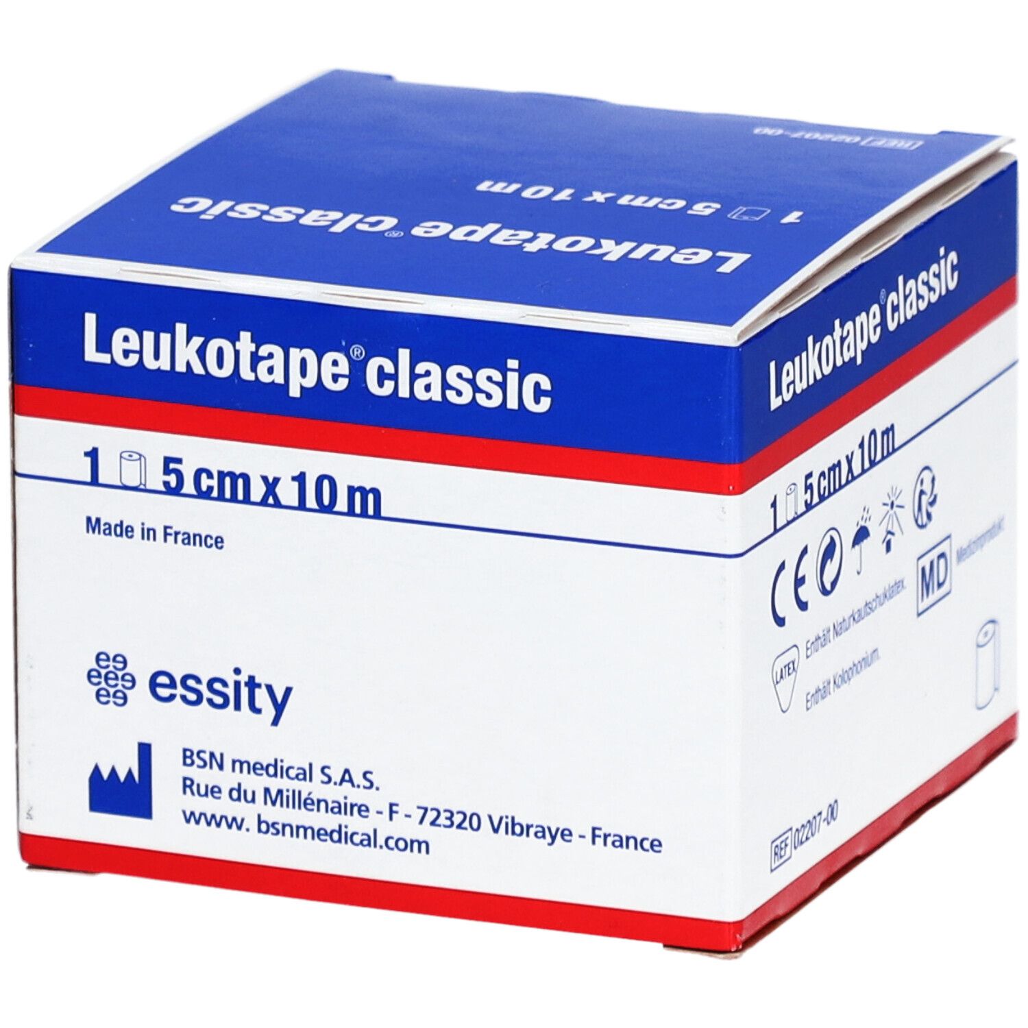 Karton Leukotape classic. Aufschrift: 5 cm x 10 m. Hergestellt in Frankreich. Essity-Logo.