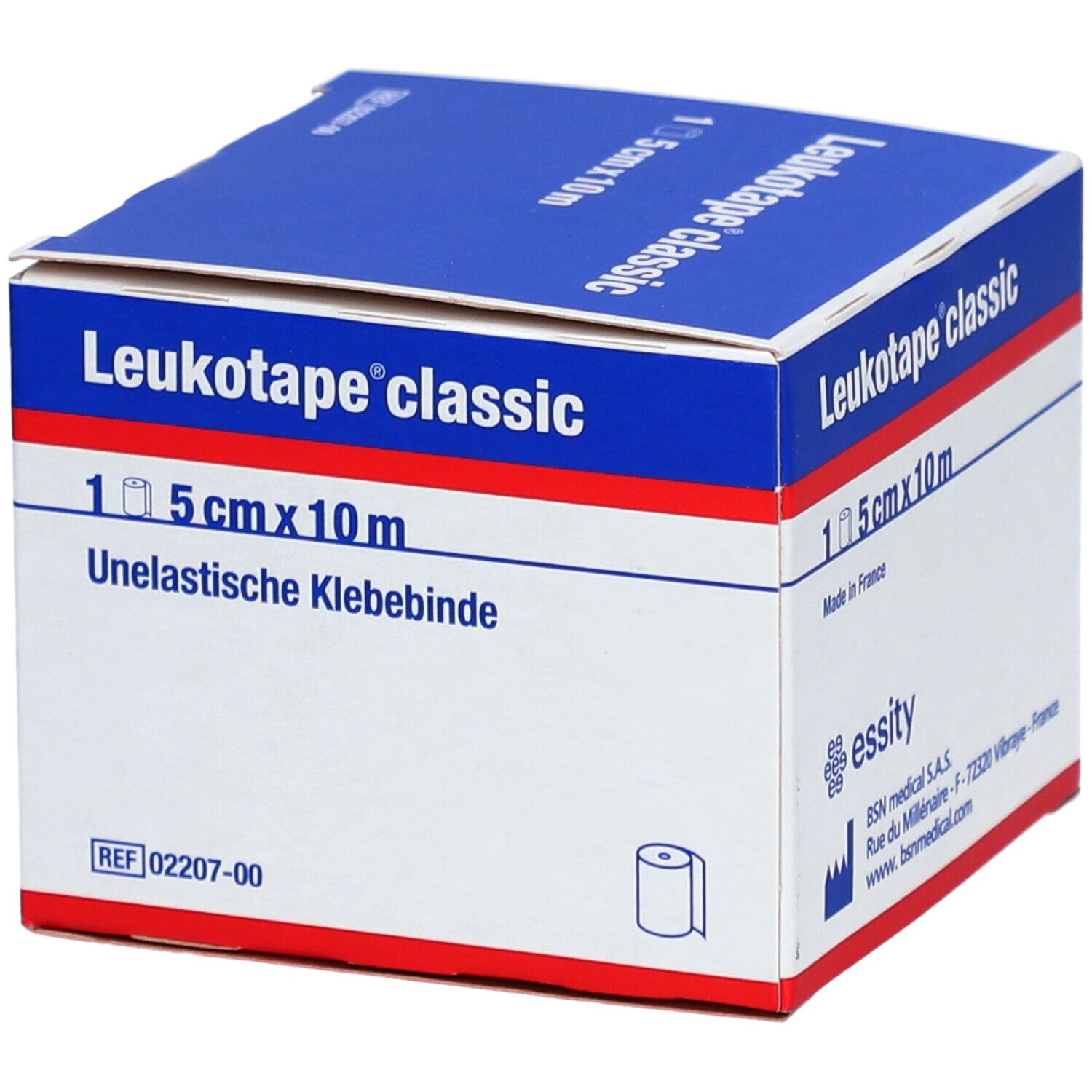 Karton Leukotape classic. Aufschrift: 5 cm x 10 m, Unelastische Klebebinde. Hergestellt in Frankreich.