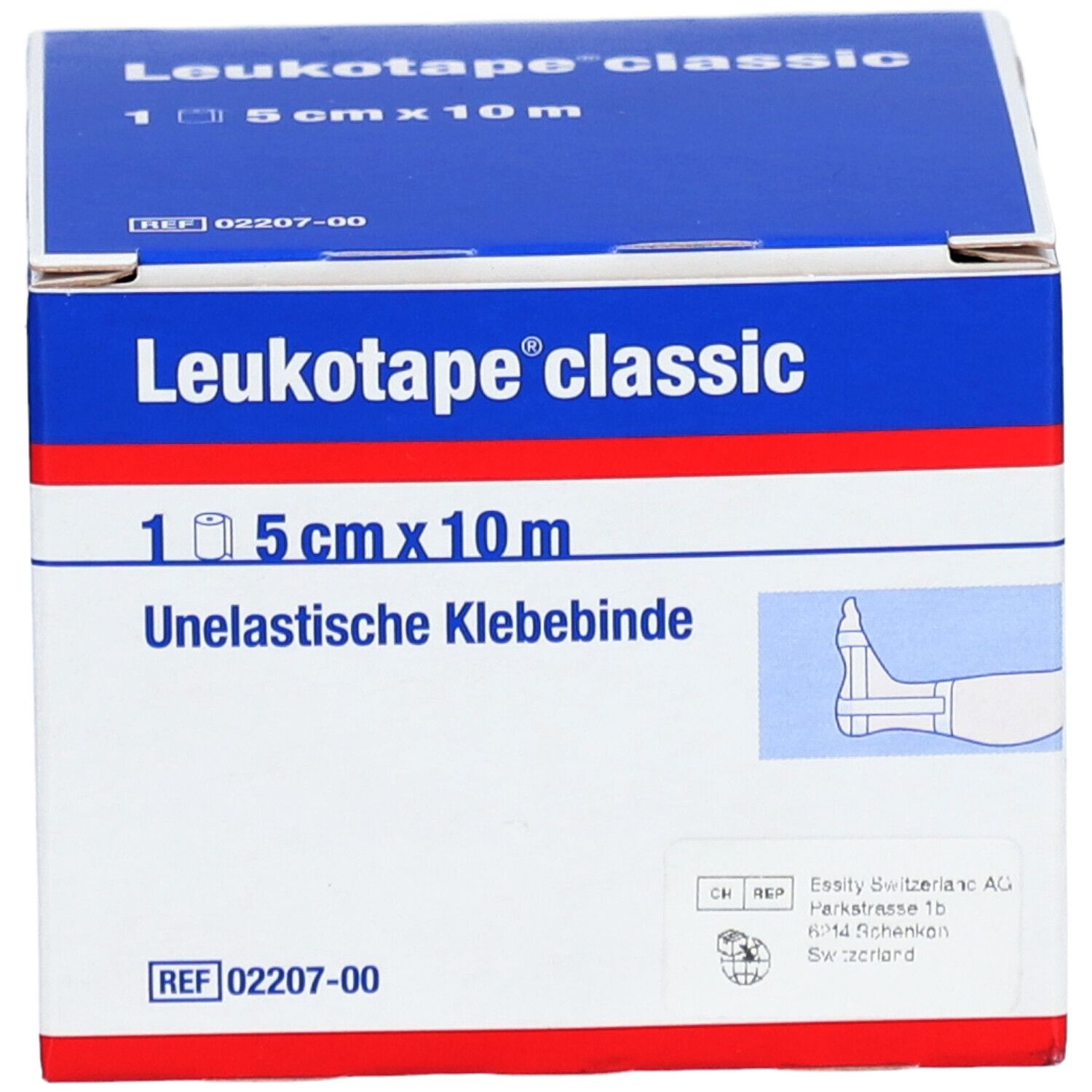 Karton Leukotape classic. Aufschrift: 5 cm x 10 m, Unelastische Klebebinde. Illustration eines Fußes.