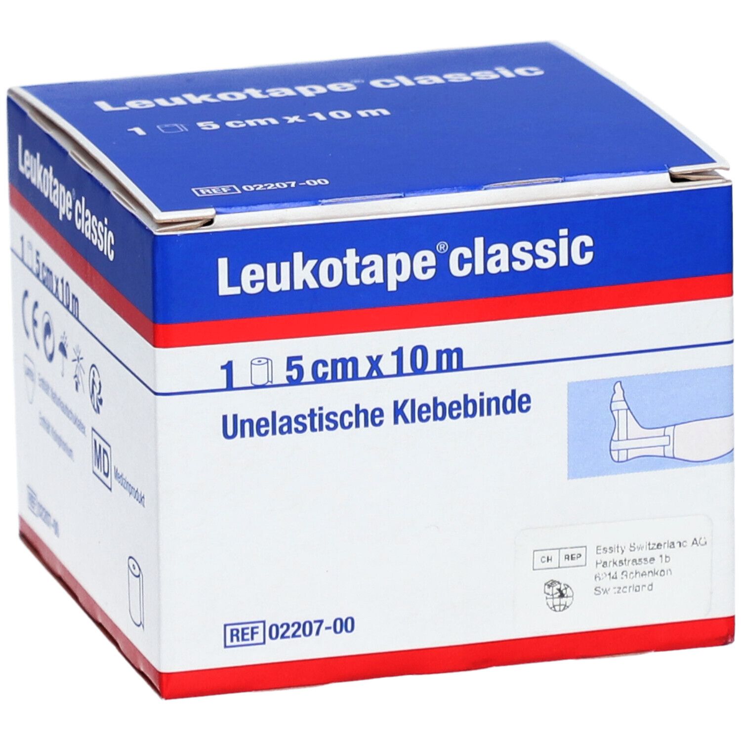 Karton Leukotape classic. Aufschrift: 5 cm x 10 m, Unelastische Klebebinde. CE-Kennzeichnung, Illustration Fuß.