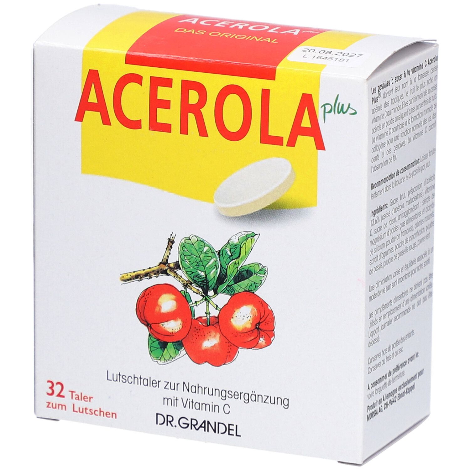 Weißer Karton mit "ACEROLA plus" Schriftzug. Abbildung von Acerola-Früchten und einer Tablette. 32 Lutschtaler.
