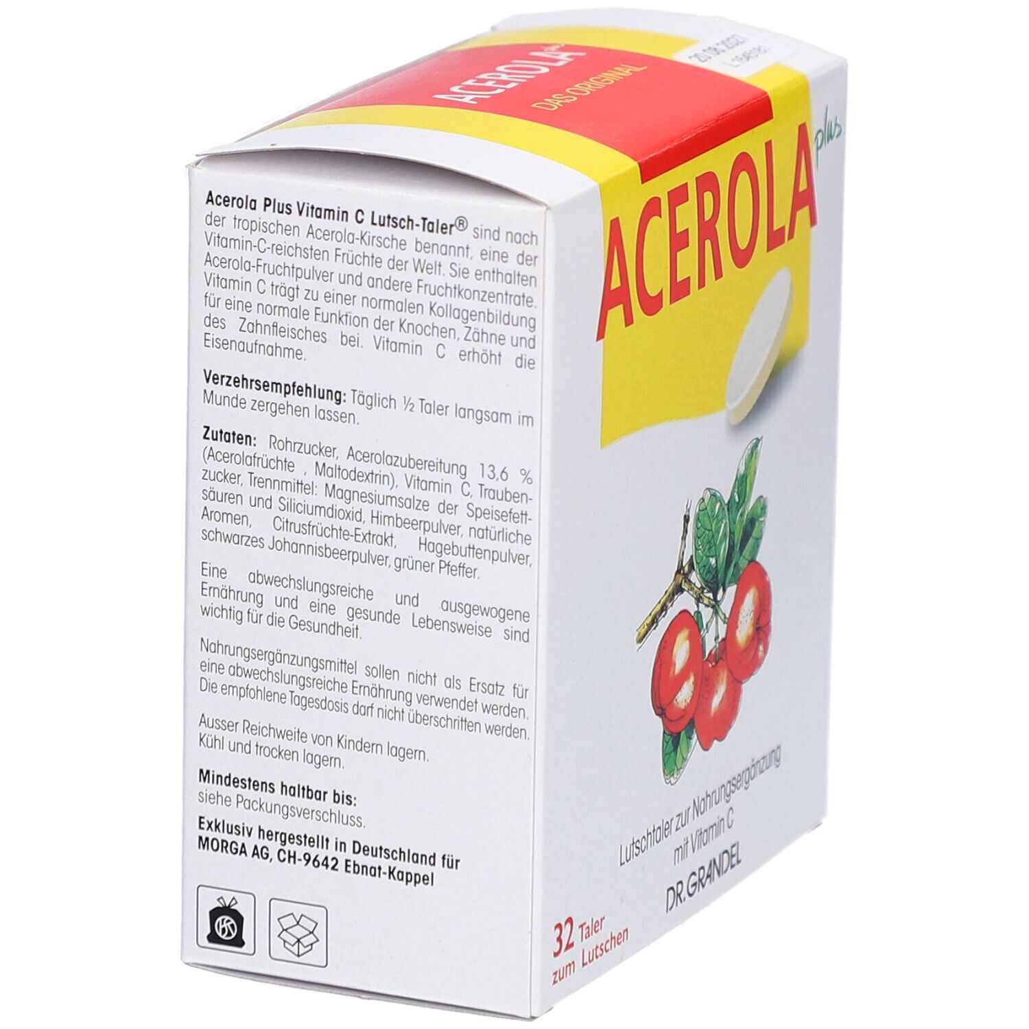 Karton mit "ACEROLA plus" Schriftzug. Text über Inhaltsstoffe und Anwendung. Abbildung von Acerola-Früchten. 32 Lutschtaler.