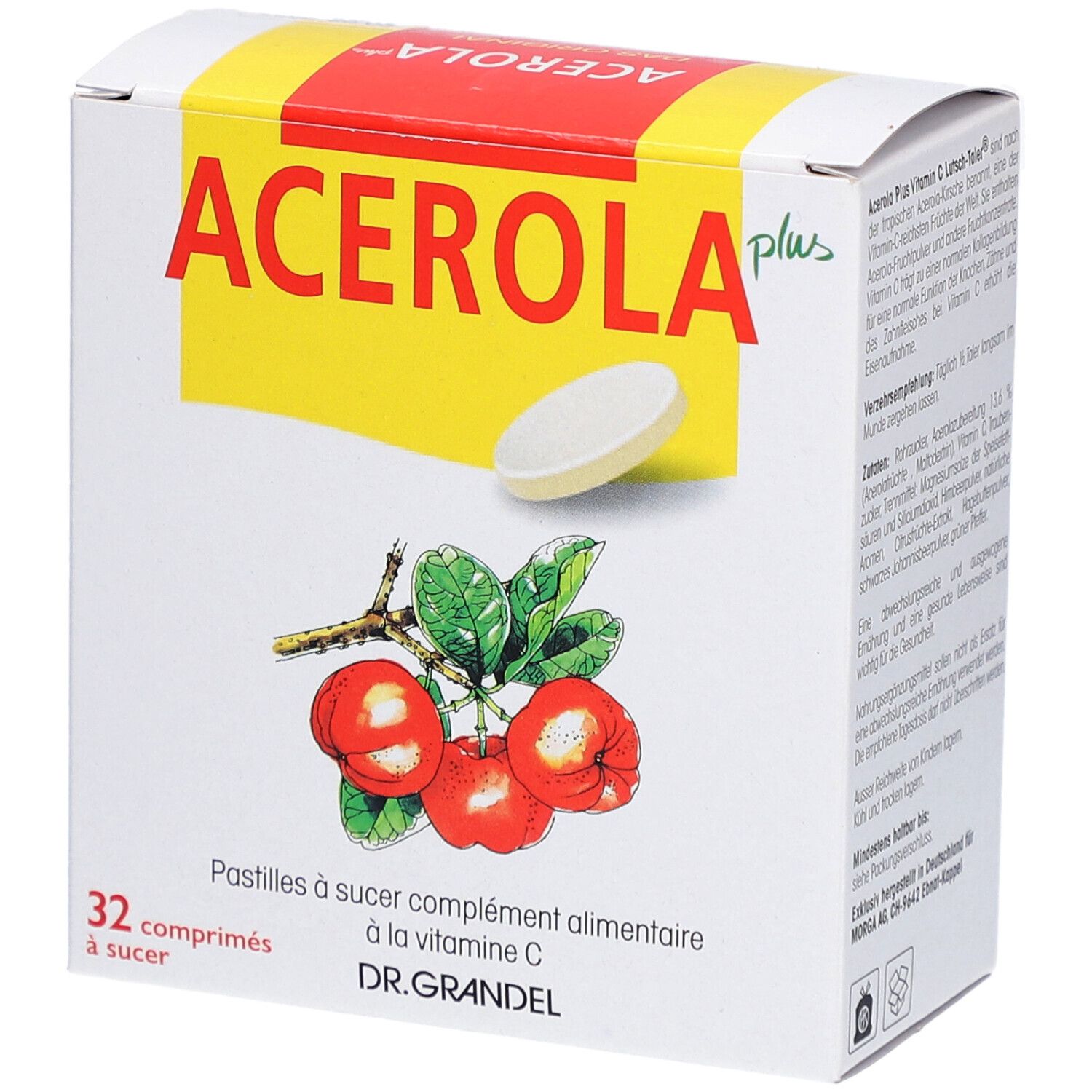 Weißer Karton mit "ACEROLA plus" Schriftzug. Abbildung von Acerola-Früchten und einer Tablette. 32 Tabletten.