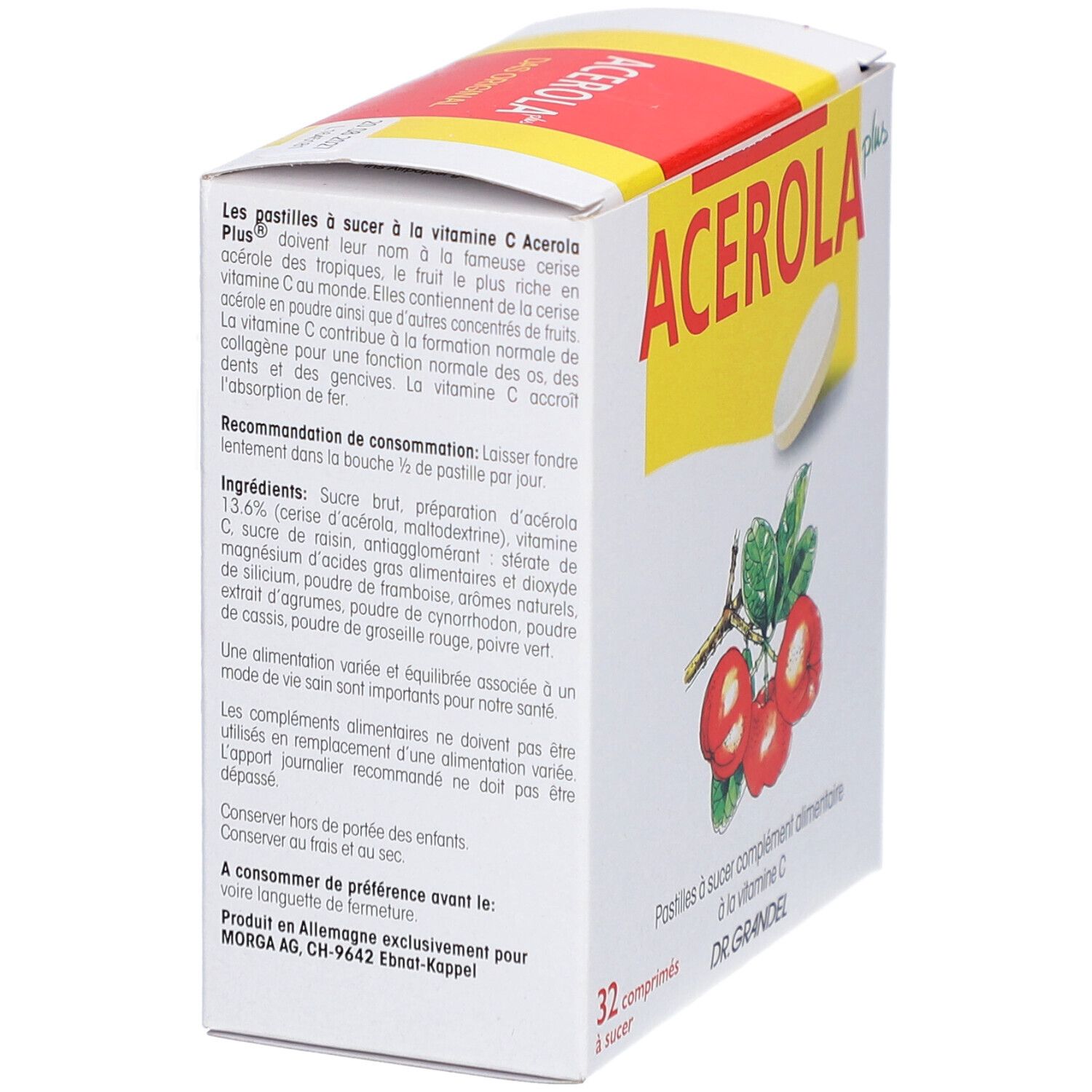 Karton mit "ACEROLA plus" Schriftzug. Text über Inhaltsstoffe und Anwendung. Abbildung von Acerola-Früchten. 32 Tabletten.