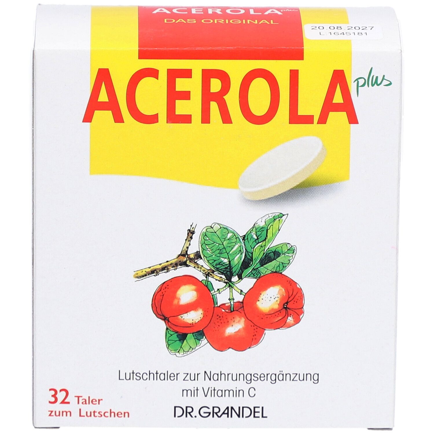 Weißer Karton mit "ACEROLA plus" Schriftzug. Abbildung von Acerola-Früchten und einer Tablette. 32 Lutschtaler.