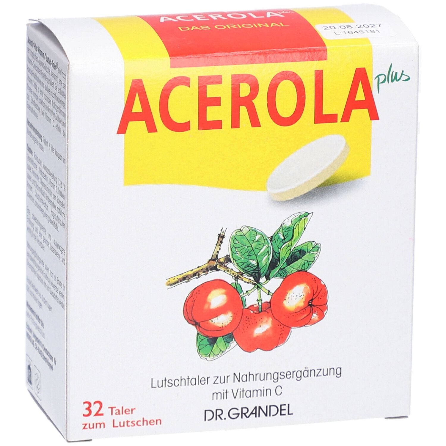 Weißer Karton mit "ACEROLA plus" Schriftzug. Abbildung von Acerola-Früchten und einer Tablette. 32 Lutschtaler.