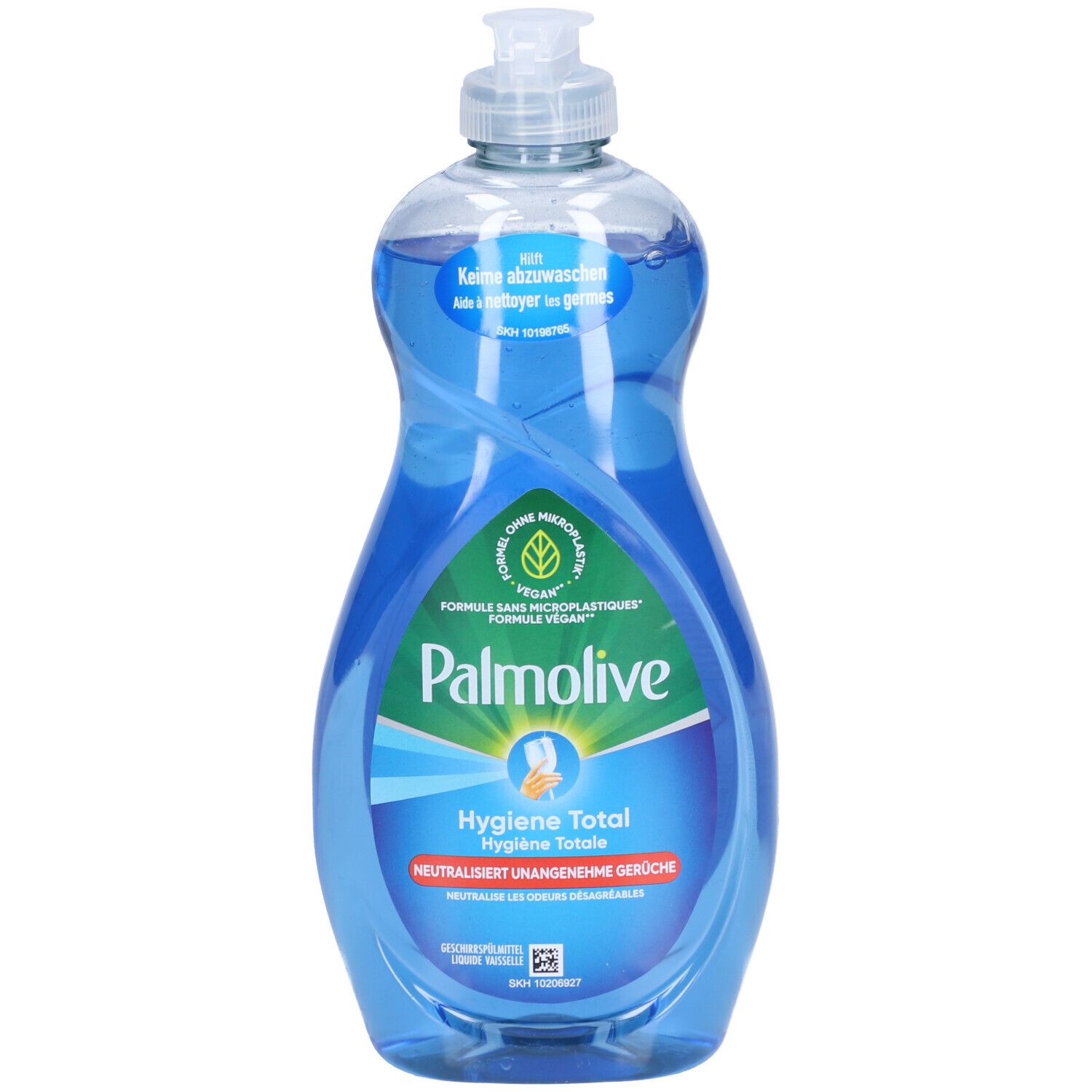 Blau-transparente Flasche mit Spülmittel. Oben ein weißer Spender. Aufschrift: PALMOLIVE Hygiene Total. Vegan.