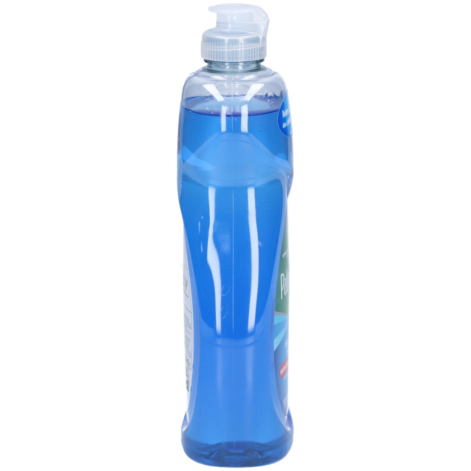 Schlanke, blaue Flasche mit Spülmittel. Weißer Spender oben. Aufschrift und Etikett auf der Seite.