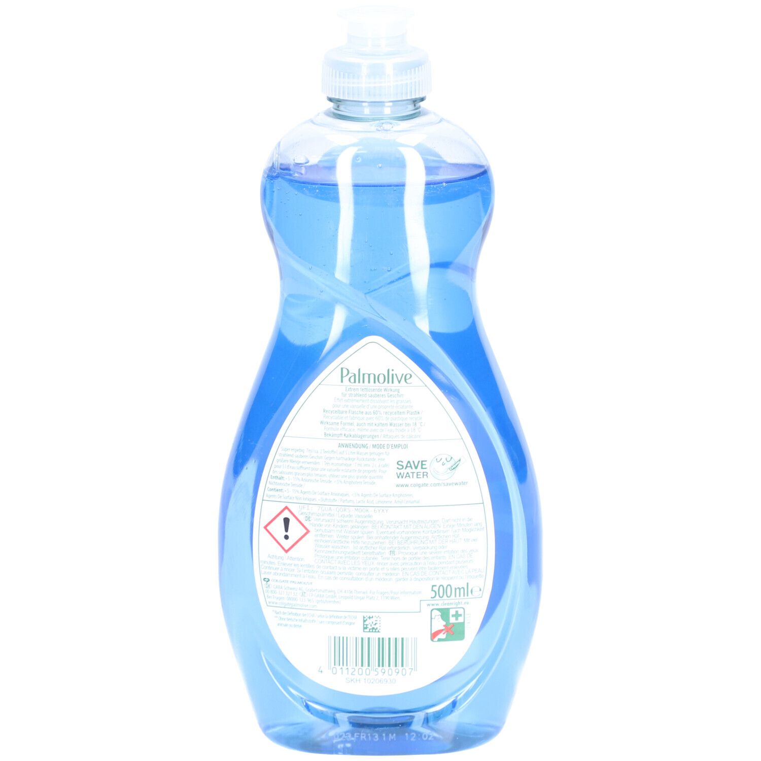 Rückseite der blauen Spülmittelflasche. Aufschrift: PALMOLIVE. Informationen und Warnhinweise. Volumen: 500 ml.