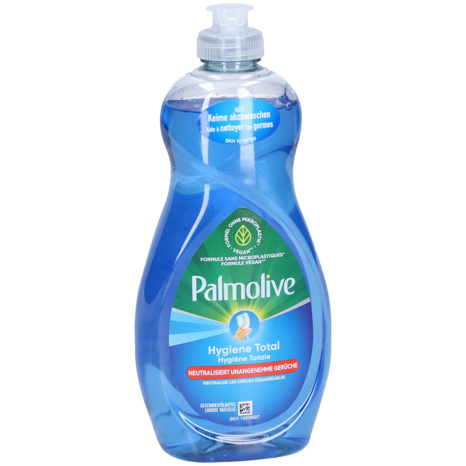 Blaue Spülmittelflasche mit weißem Spender. Aufschrift: PALMOLIVE Hygiene Total. Vegan. Ohne Mikroplastik.