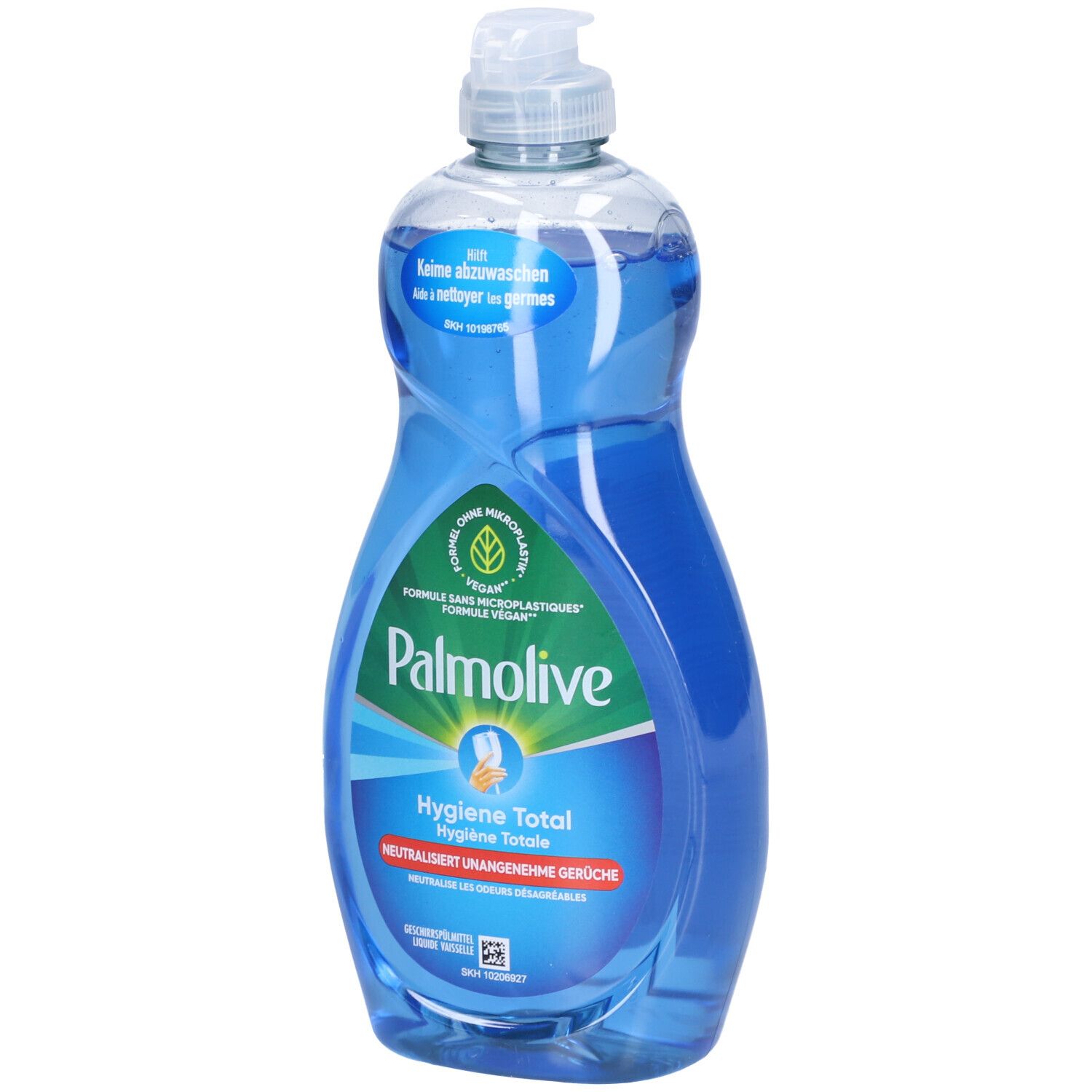 Blaue Spülmittelflasche mit weißem Spender. Aufschrift: PALMOLIVE Hygiene Total. Vegan. Ohne Mikroplastik.