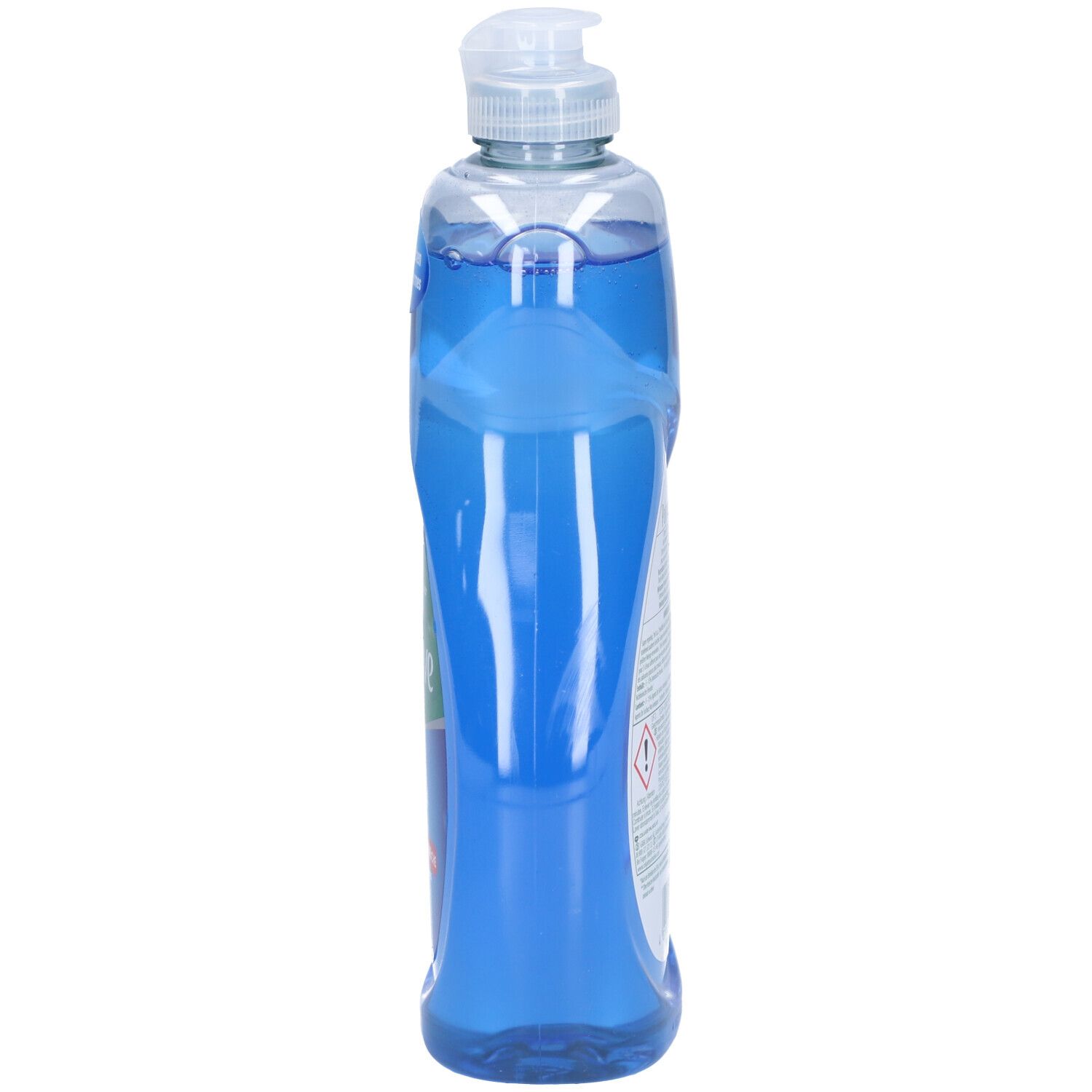 Schlanke, blaue Spülmittelflasche mit weißem Spender. Aufschrift und Etikett auf der Seite.