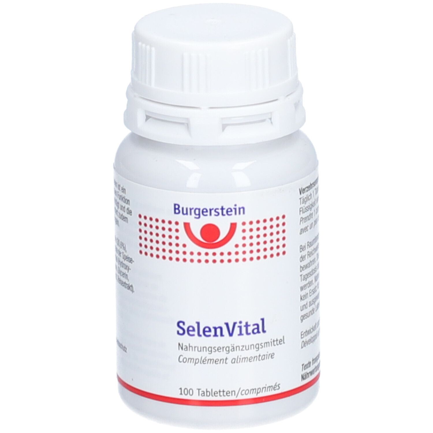 Weiße Flasche mit Burgerstein Selenvital Tabletten. Roter Aufdruck mit Produktnamen und Logo. 100 Tabletten.