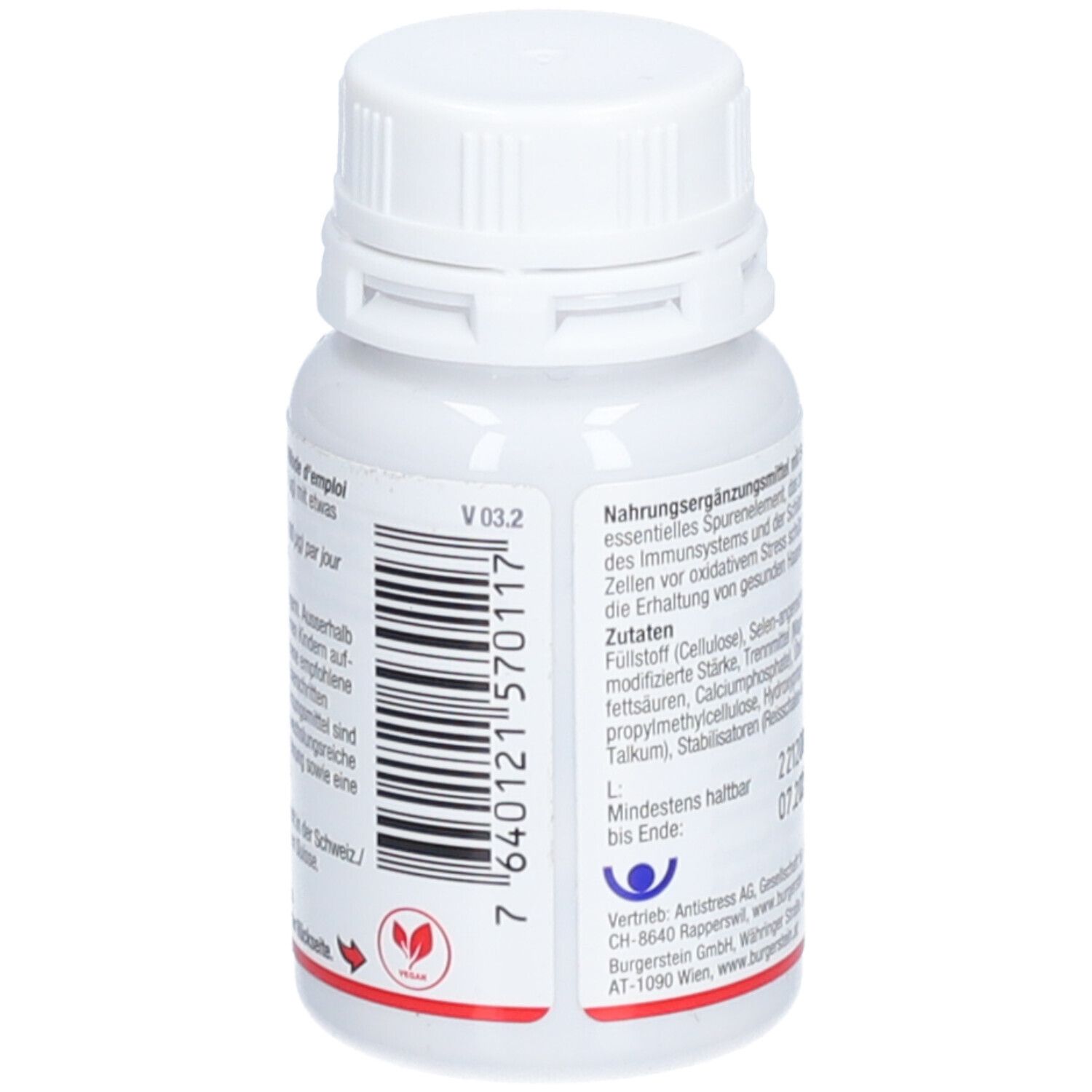 Rückseite der weißen Flasche Burgerstein Selenvital. Barcode und Text. Roter Streifen mit Logo. Vegan-Siegel.