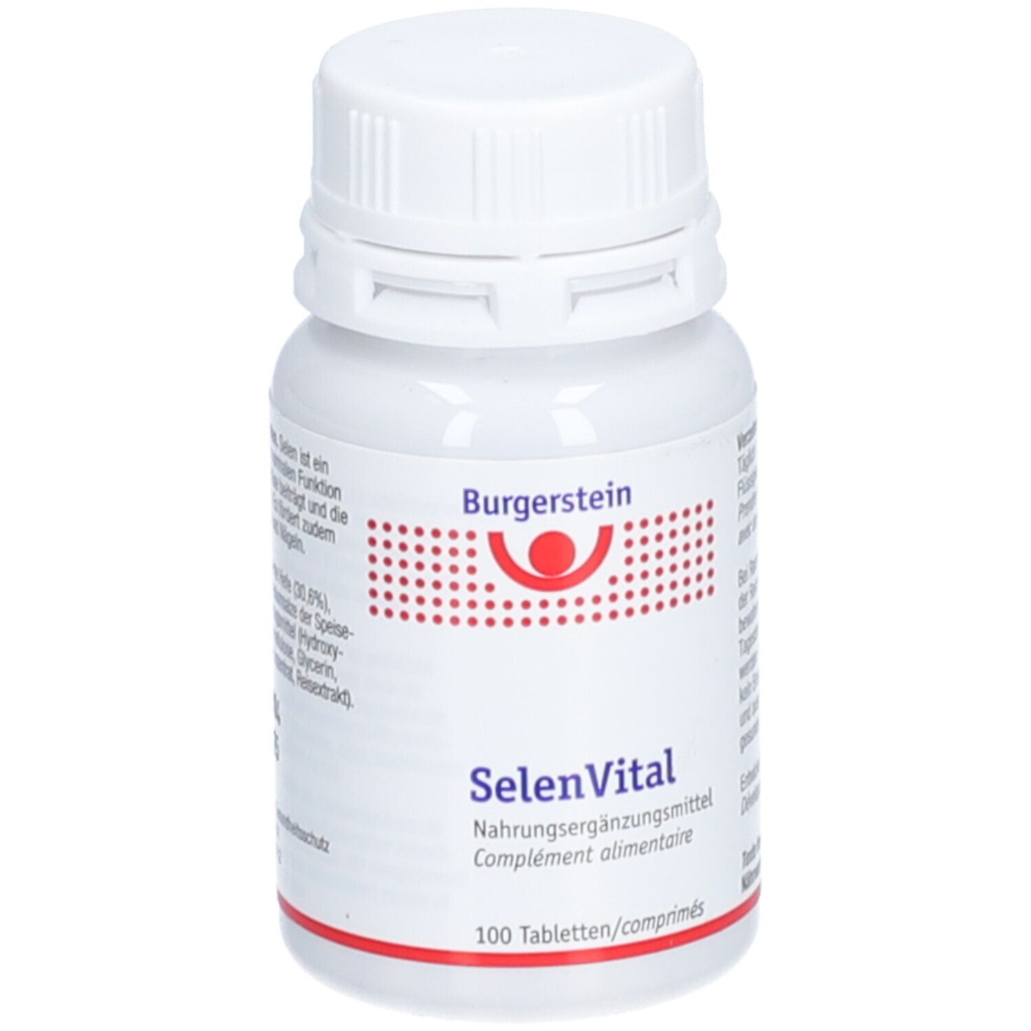 Weiße Flasche Burgerstein Selenvital. Roter Aufdruck mit Produktnamen und Logo. 100 Tabletten. Nahaufnahme.