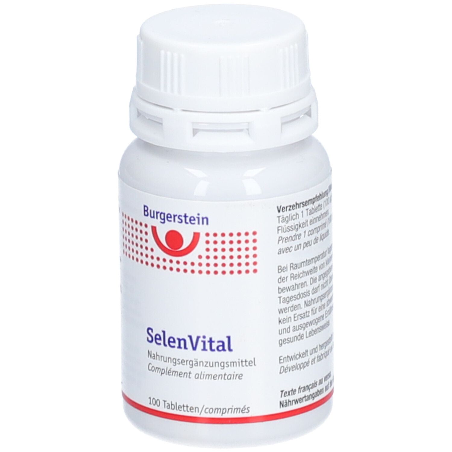 Weiße Flasche Burgerstein Selenvital. Roter Aufdruck mit Produktnamen und Logo. 100 Tabletten. Nahaufnahme.