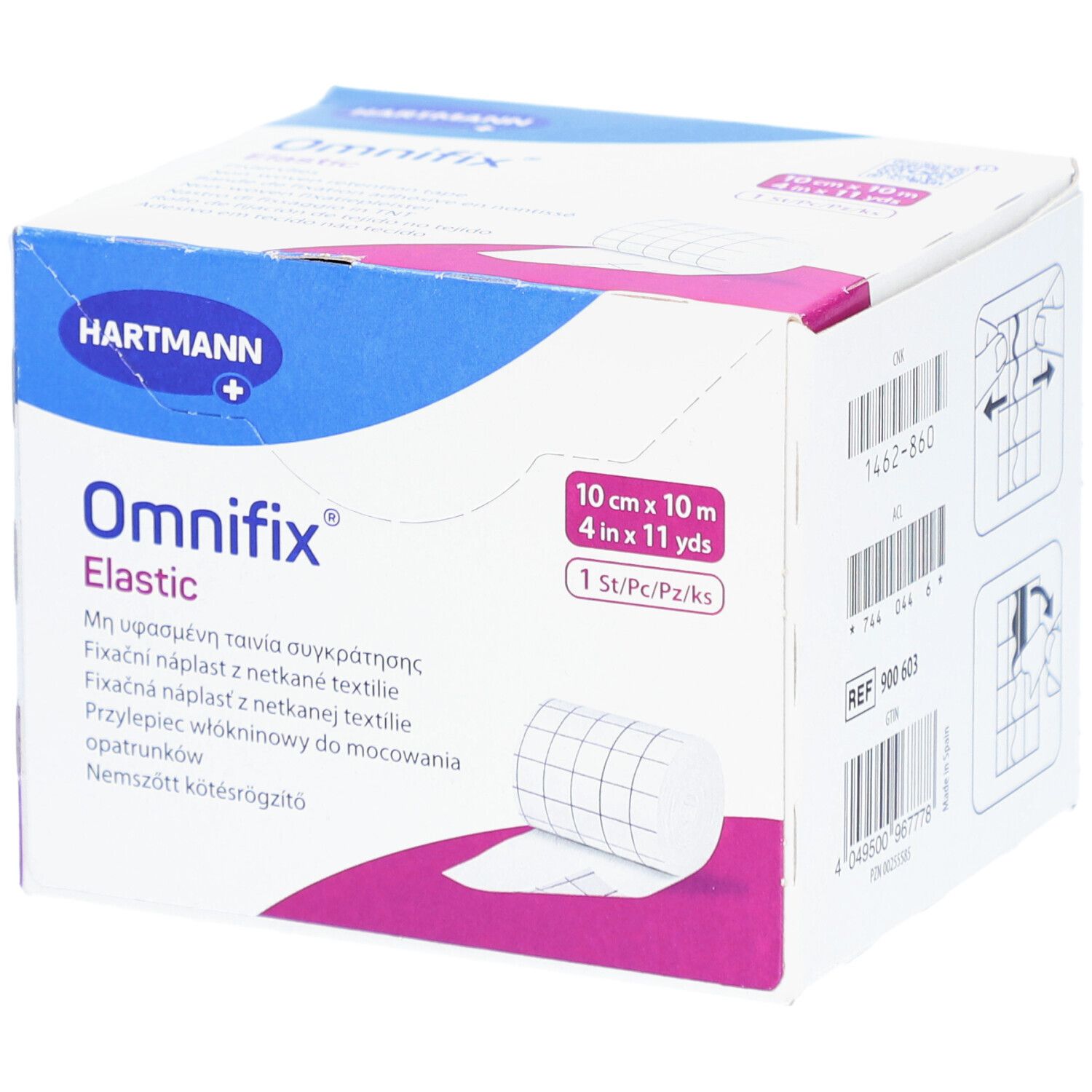 Omnifix Elastic, 10 cm x 10 m, en boîte. Hartmann. Rouleau de fixation visible.