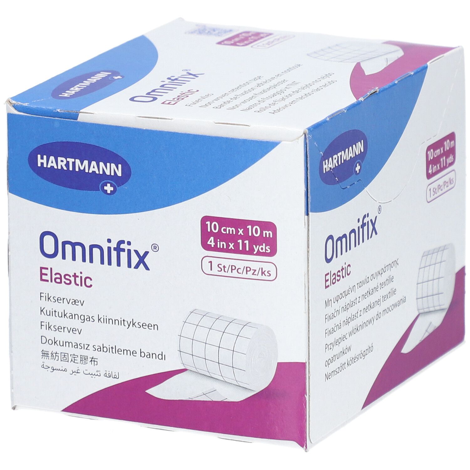 Omnifix Elastic, 10 cm x 10 m, en boîte. Hartmann. Rouleau de fixation visible.