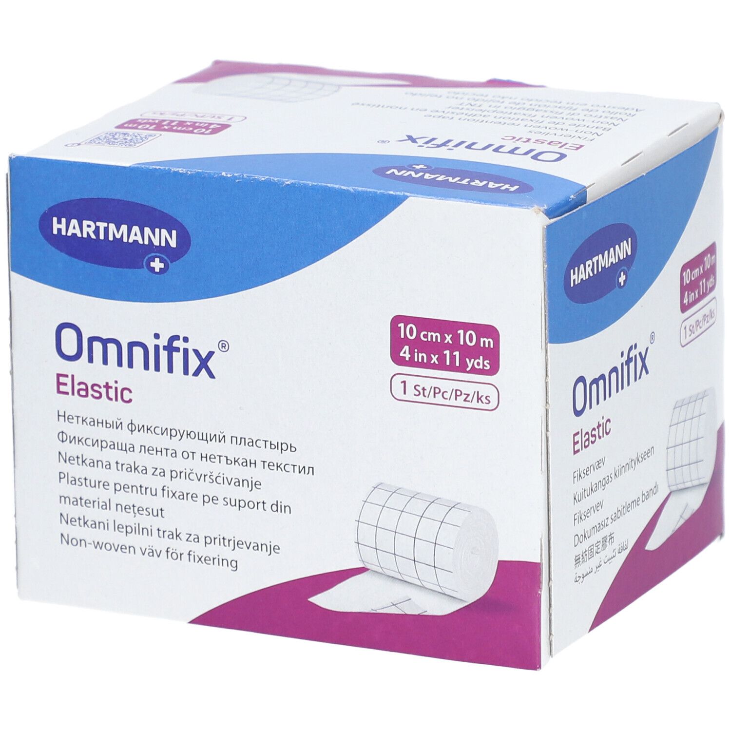 Omnifix Elastic, 10 cm x 10 m, en boîte. Hartmann. Rouleau de fixation visible.